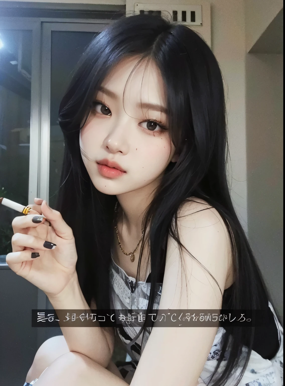 korean, Kizi, Bblack hair, large lips, cigarette in the mouth