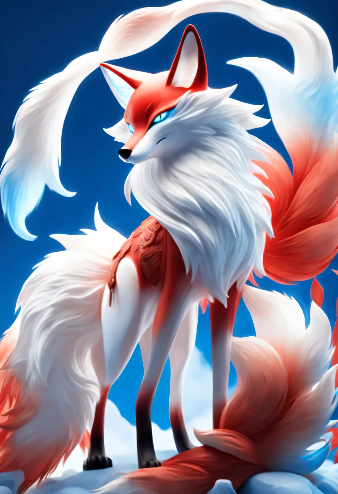 Zbrush style red and blue fashion painting, Oriental style, Soft realism and surreal details, blue and sky blue tones, (A white hair、blue eyes、Fox with nine red tails), Lots of fluffy red tails wrapped around, Ancient Chinese mythical beasts, fantasy,Mythological background