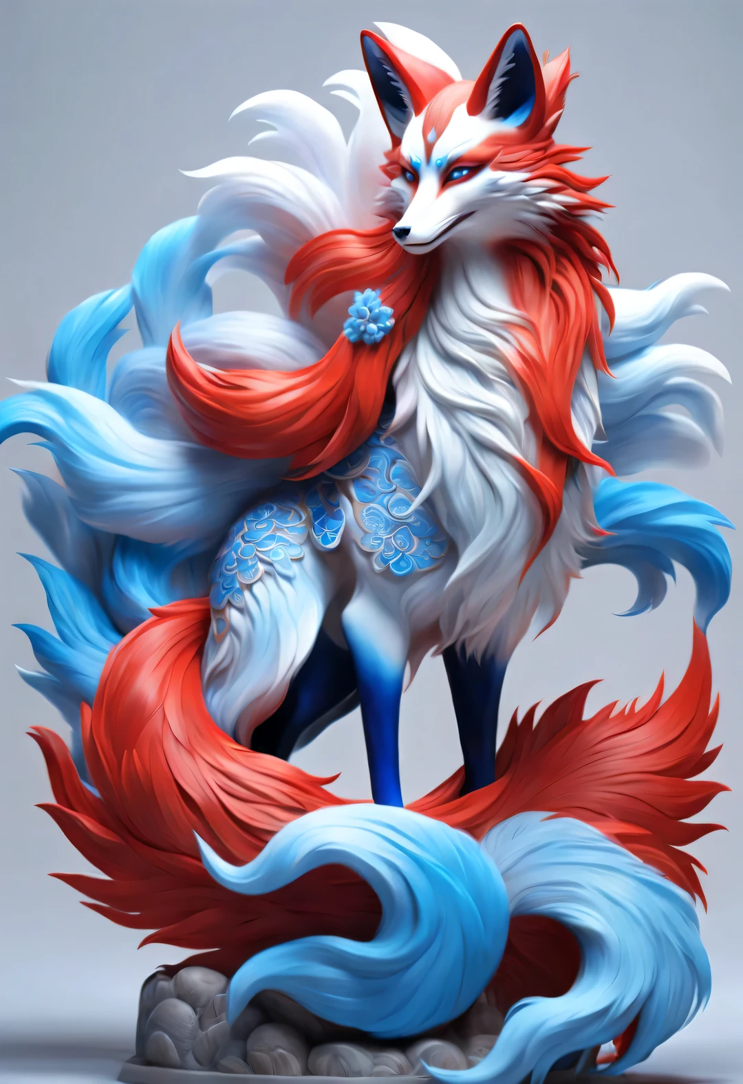 Zbrush style red and blue fashion painting, Oriental style, Soft realism and surreal details, blue and sky blue tones, (A white hair、blue eyes、Fox with nine red tails), Lots of fluffy red tails wrapped around, Ancient Chinese mythical beasts, fantasy,Mythical mountain background
