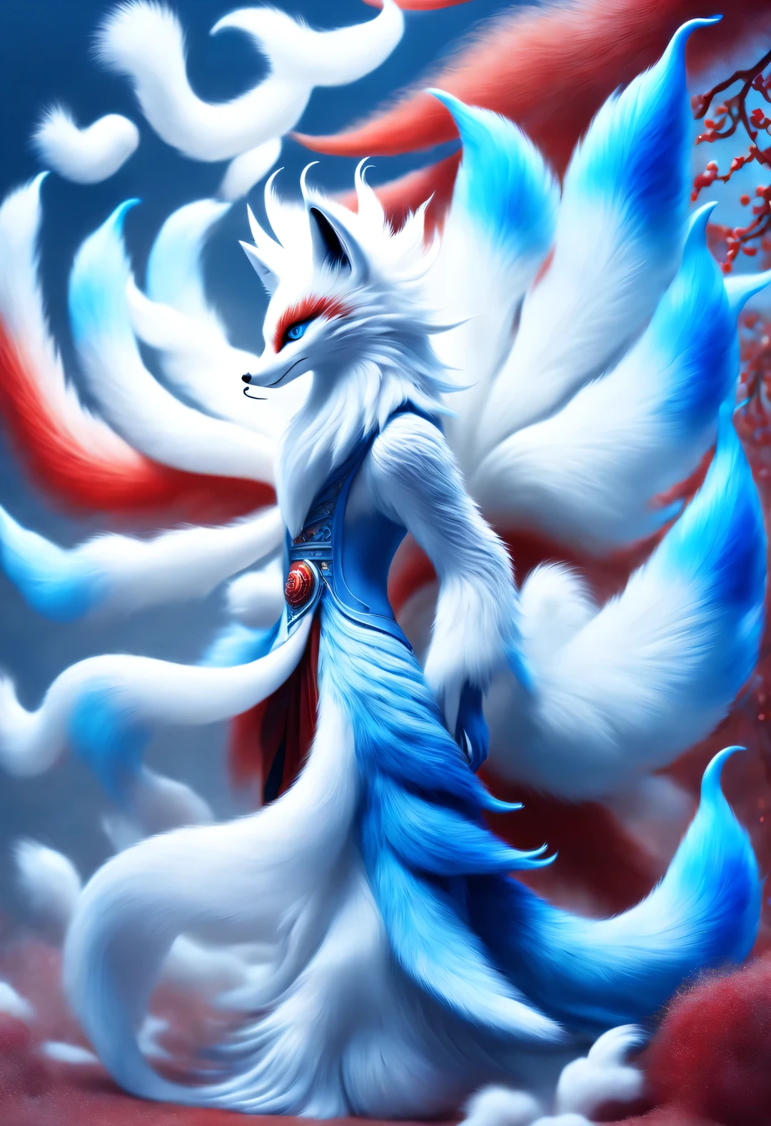 Zbrush style red and blue fashion painting, Oriental style, Soft realism and surreal details, blue and sky blue tones, (A white hair、blue eyes、Fox with nine red tails), Lots of fluffy red tails wrapped around, Ancient Chinese mythical beasts, fantasy,