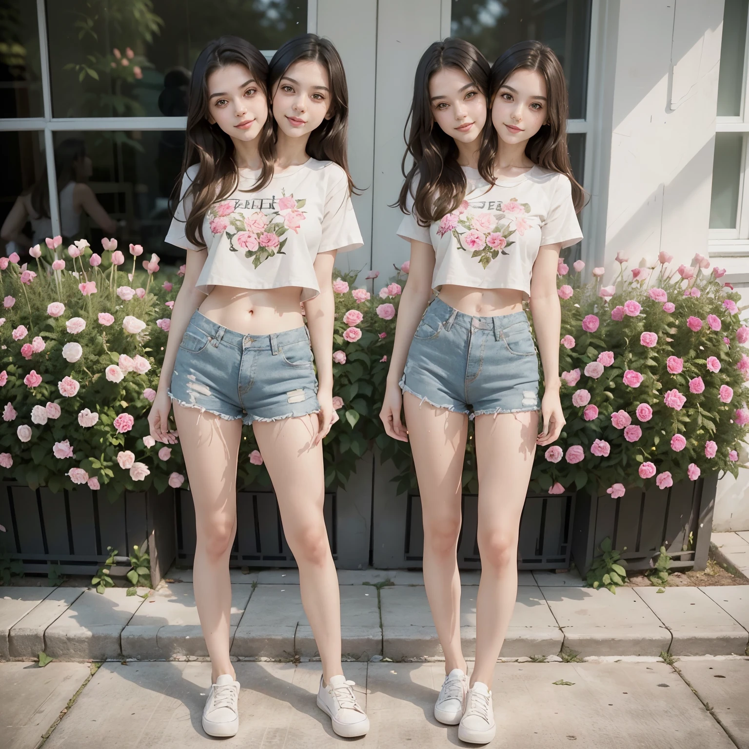 Masterpiece, a young beautiful girl, smiling, looking at the camera, standing in front of a clump of roses, wearing shorts and t-shirt, white sneakers. Wearing a top and shorts, flowers, full-body photo, casual pose, slender legs, (two heads)