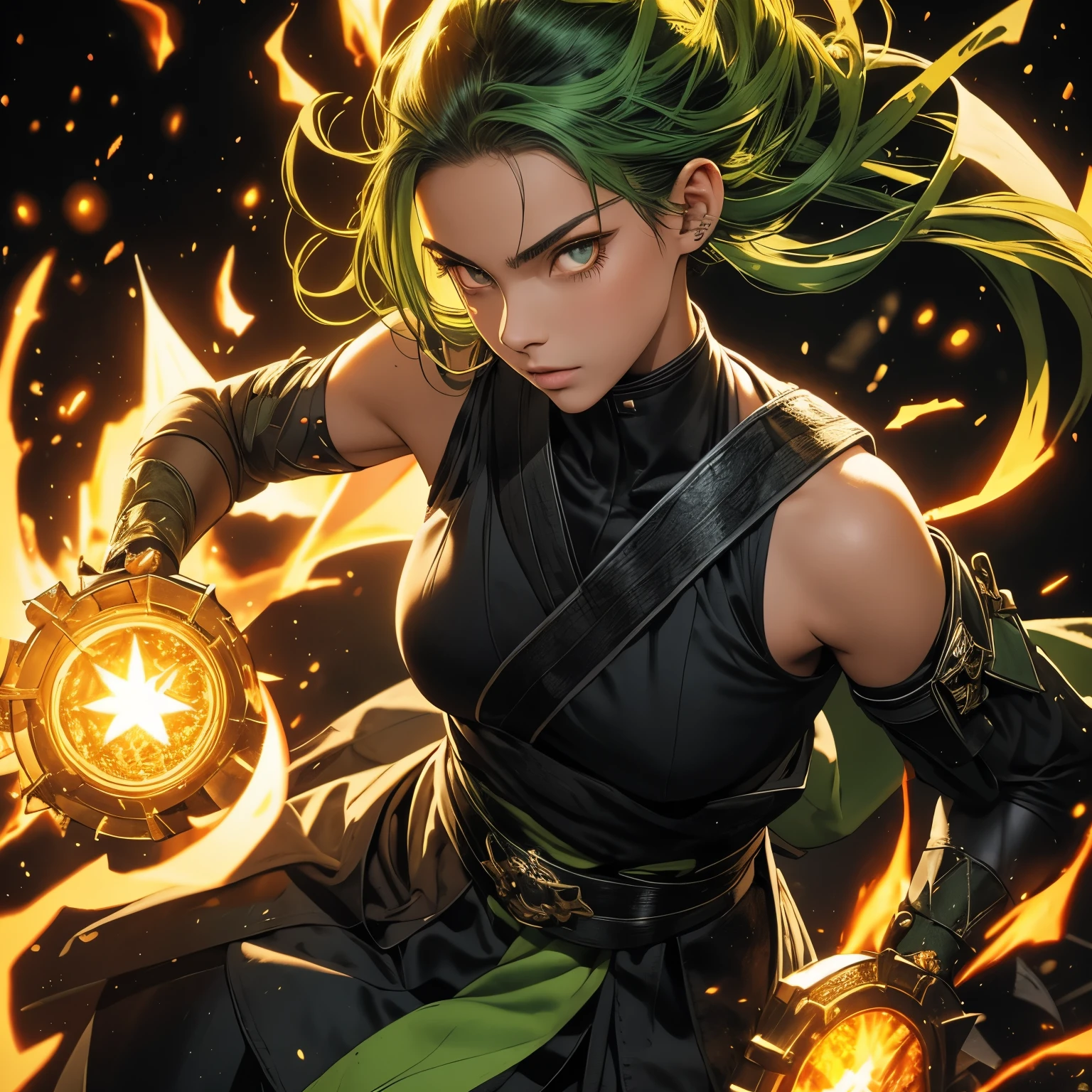A Dragon Quest-style martial artist, green hair, female, full-bosomed, fighting pose, high angle, confident face, powerful green aura in the background, midriff exposed