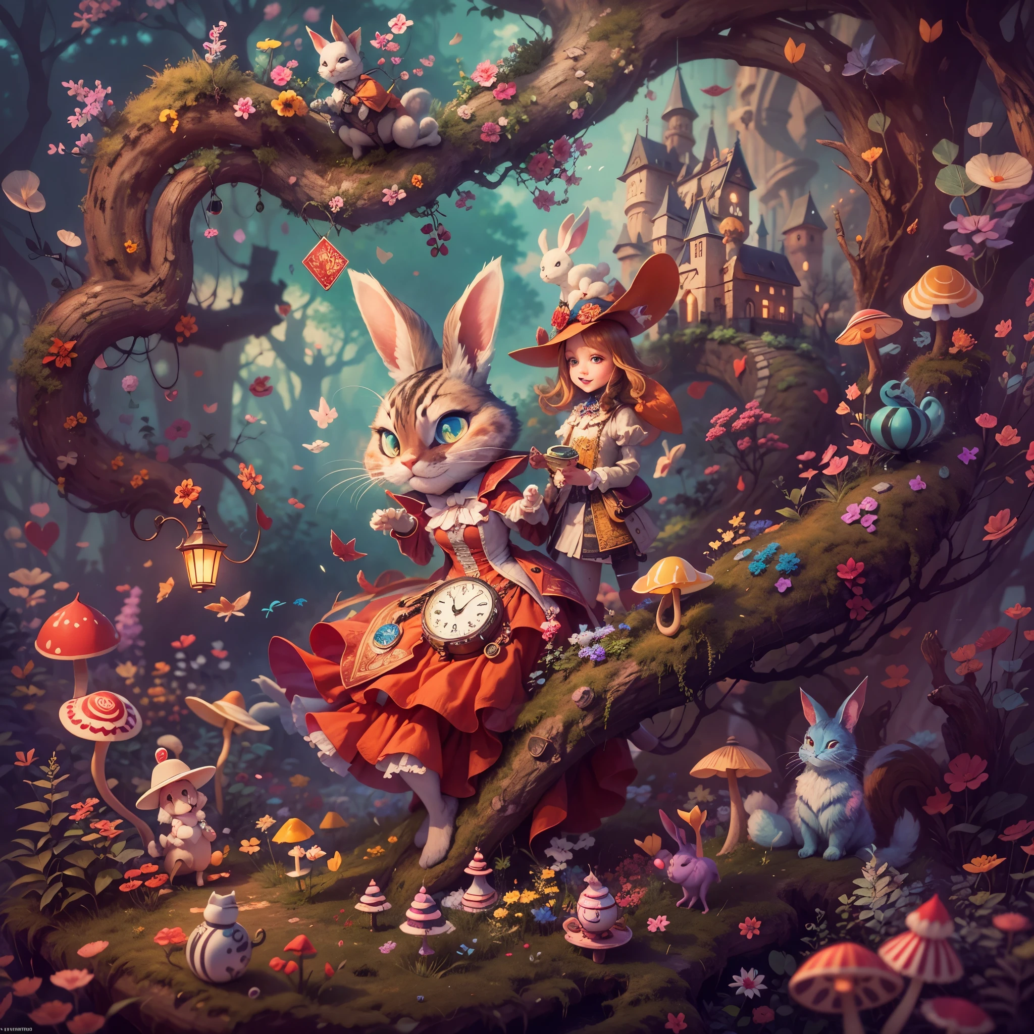 best quality,4K,8k,high resolution,masterpiece:1.2,super detailed,actual:1.37,In Wonderland,illustration,Colorful scenery,Rabbit hole,enchanted forest,magic mushrooms,Curious Alice,dream pictures,whimsical characters,Enter the crazy tea ,floating playing cards,Queen of Hearts Castle,Caterpillar smoking hookah on mushroom,Curious creatures hiding in the bushes,Cheshire cat mischievous smile,Dancing flowers and talking animals,feels,Surrealism,imagination,文艺复兴时期的灵feels,Soft and warm color palette,Fantastic lighting