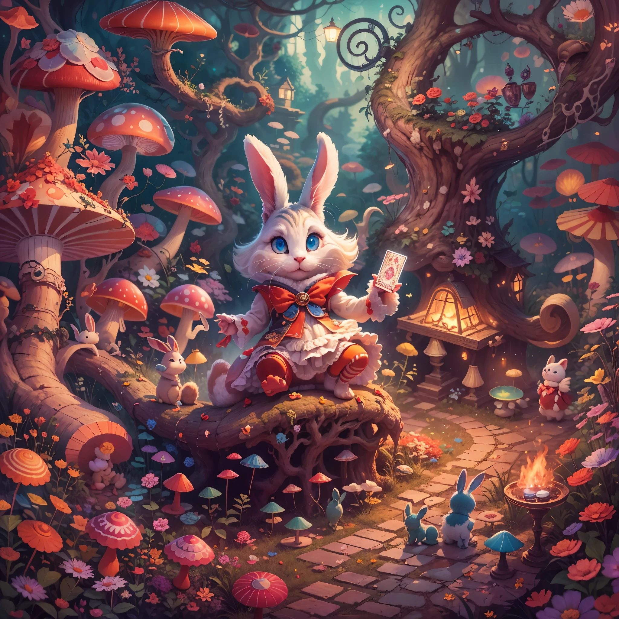 best quality,4K,8k,high resolution,masterpiece:1.2,super detailed,actual:1.37,In Wonderland,illustration,Colorful scenery,Rabbit hole,enchanted forest,magic mushrooms,Curious Alice,dream pictures,whimsical characters,Enter the crazy tea ,floating playing cards,Queen of Hearts Castle,Caterpillar smoking hookah on mushroom,Curious creatures hiding in the bushes,Cheshire cat mischievous smile,Dancing flowers and talking animals,feels,Surrealism,imagination,文艺复兴时期的灵feels,Soft and warm color palette,Fantastic lighting