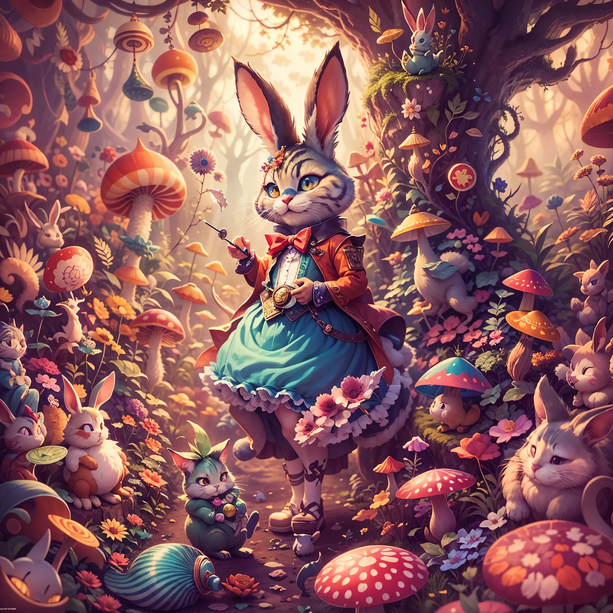 best quality,4K,8k,high resolution,masterpiece:1.2,Super detailed,actual:1.37,In Wonderland,illustration,Colorful landscape,Rabbit hole,enchanted forest,magic mushrooms,Curious Alice,dream images,whimsical characters,Into a crazy tea ,floating playing cards,Queen of Hearts Castle,Caterpillar smoking shisha on mushroom,Curious creatures hiding in the bushes,Cheshire cat mischievous smile,Dancing flowers and talking animals,Feeling,Surrealism,imagination,文艺复兴时期的灵Feeling,Soft and warm color palette,Fantastic lighting