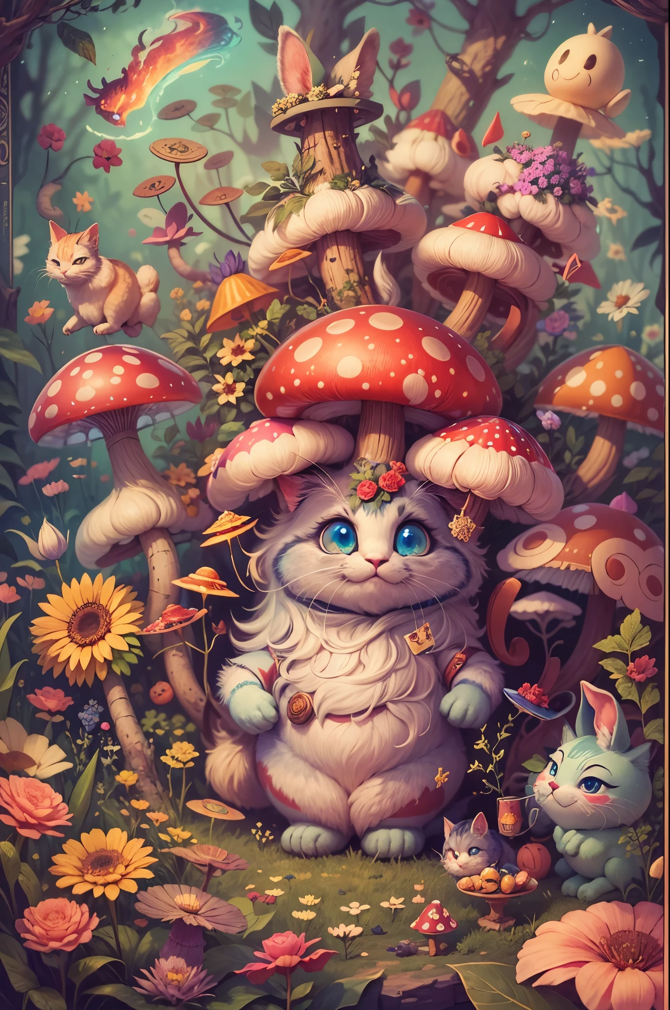 best quality,4K,8k,high resolution,masterpiece:1.2,Super detailed,actual:1.37,In Wonderland,illustration,Colorful landscape,Rabbit hole,enchanted forest,magic mushrooms,Curious Alice,dream images,whimsical characters,Into a crazy tea ,floating playing cards,Queen of Hearts Castle,Caterpillar smoking shisha on mushroom,Curious creatures hiding in the bushes,Cheshire cat mischievous smile,Dancing flowers and talking animals,Feeling,Surrealism,imagination,文艺复兴时期的灵Feeling,Soft and warm color palette,Fantastic lighting