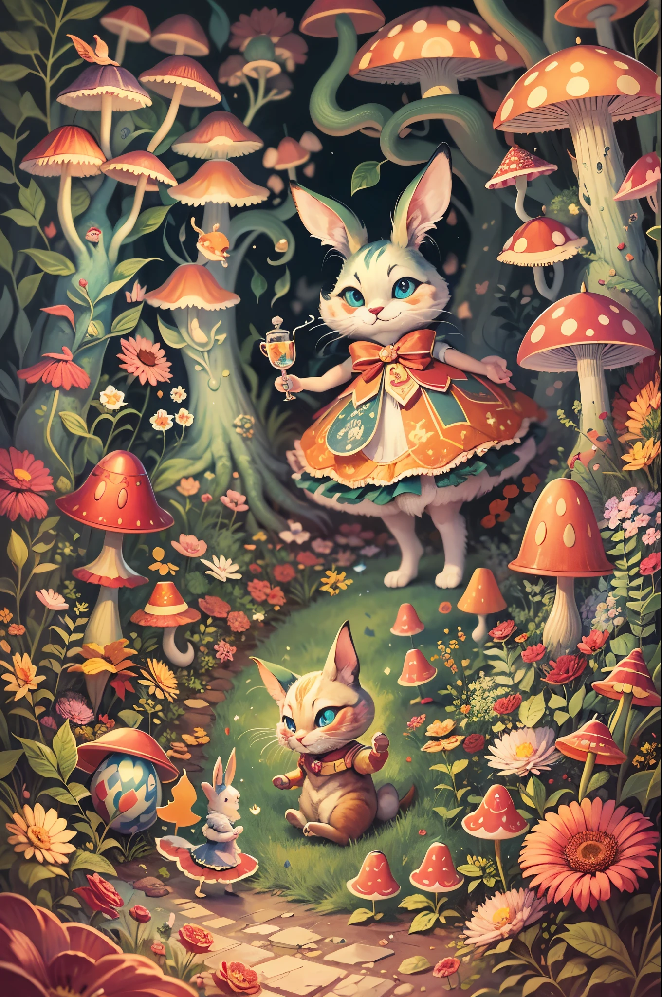 best quality,4K,8k,high resolution,masterpiece:1.2,Super detailed,actual:1.37,In Wonderland,illustration,Colorful landscape,Rabbit hole,enchanted forest,magic mushrooms,Curious Alice,dream images,whimsical characters,Into a crazy tea ,floating playing cards,Queen of Hearts Castle,Caterpillar smoking shisha on mushroom,Curious creatures hiding in the bushes,Cheshire cat mischievous smile,Dancing flowers and talking animals,Feeling,Surrealism,imagination,文艺复兴时期的灵Feeling,Soft and warm color palette,Fantastic lighting