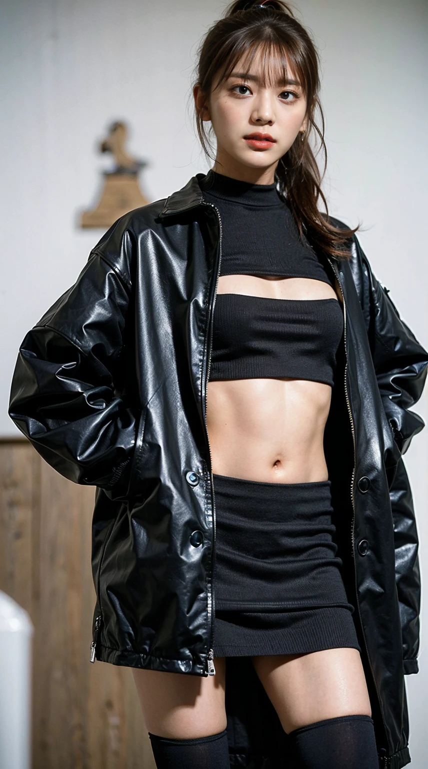 (8K、RAW photo、highest quality、masterpiece:1.2)、(realistic、Photoreal)、1 girl、I have a mole next to my eye、((Black mini dress、black boots、pink coat、Black ribbon at chest））、The skirt is rolled up、gal、lots of eyelashes、glitter on eyelids、black knee high socks、Skeletally correct、thighs open、wavy ponytail、、cute smile、sweaty body、attractive body beautiful perfect body、Beautifully aligned fingertips、Standing with hands on his hip