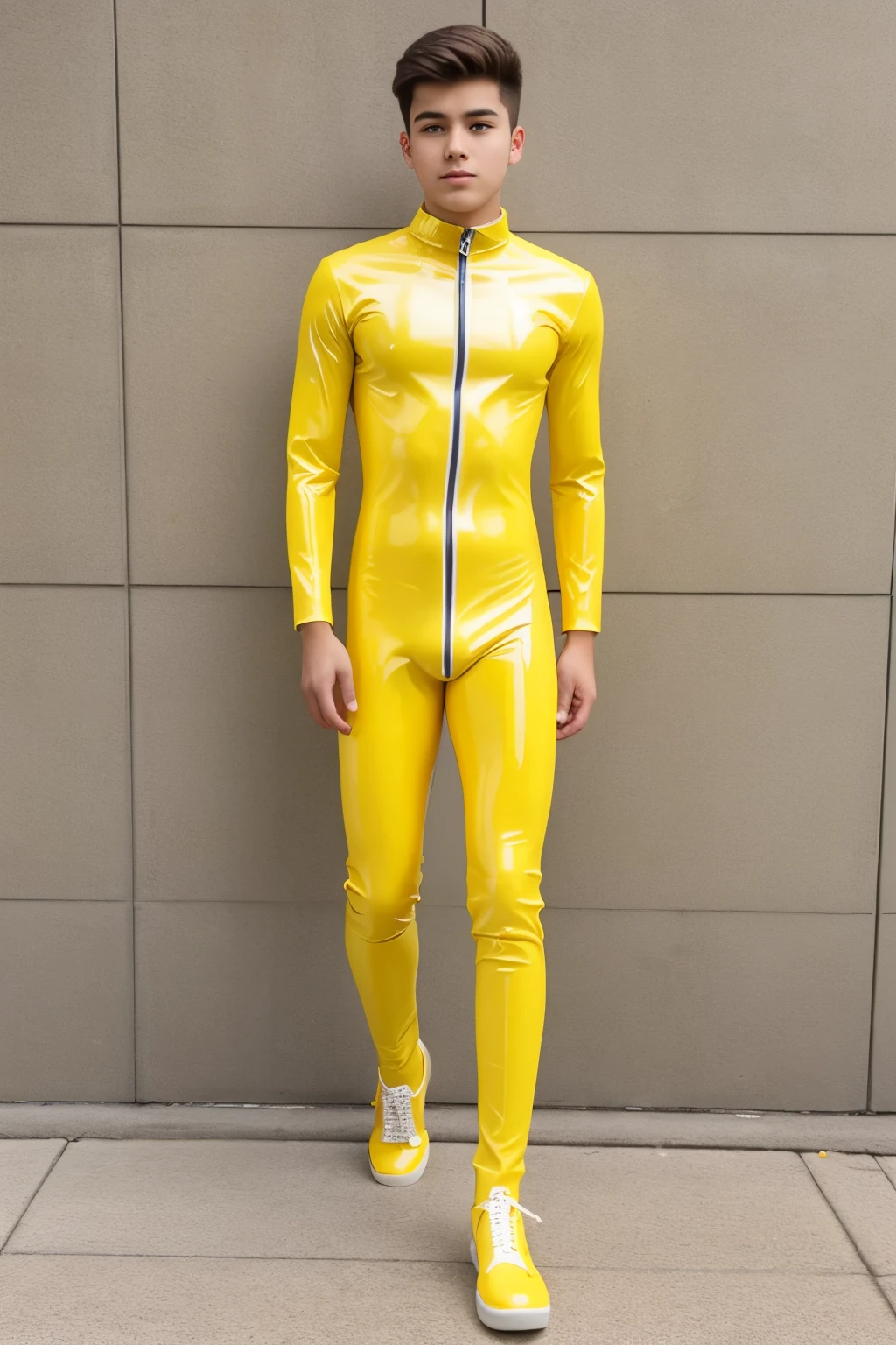 A high school Boy wears a tight yellow latex catsuit With short legs and feet 