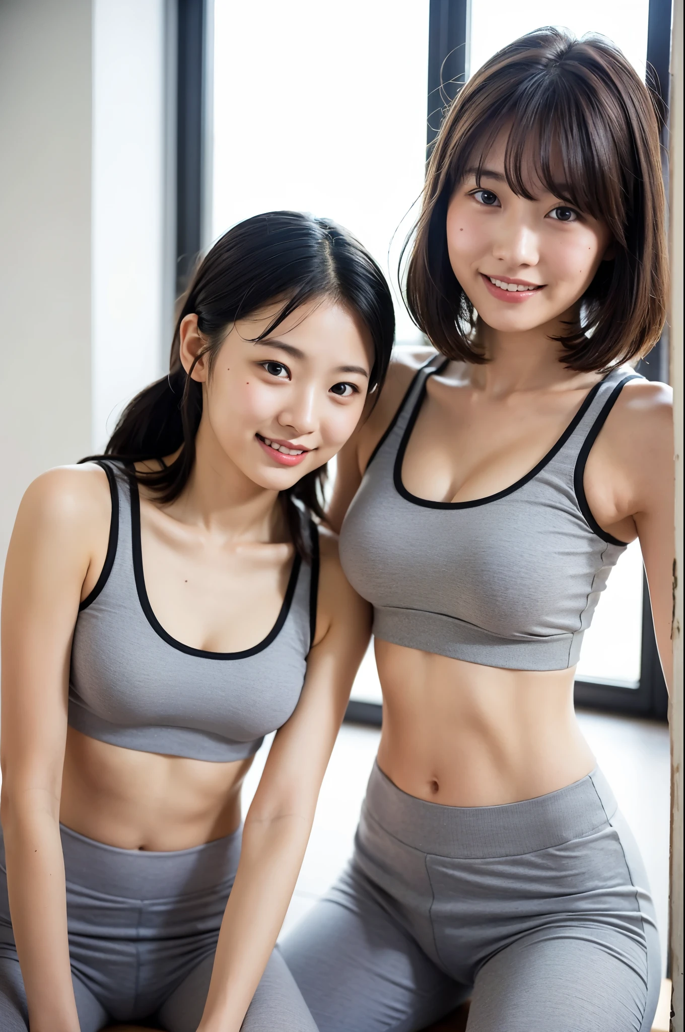 2 girls in classroom,light gray sports bra,light gray sports panties,18-year-old,bangs,a little smile,thighs,knees,short cut hair,low ponytail,from below,front-light