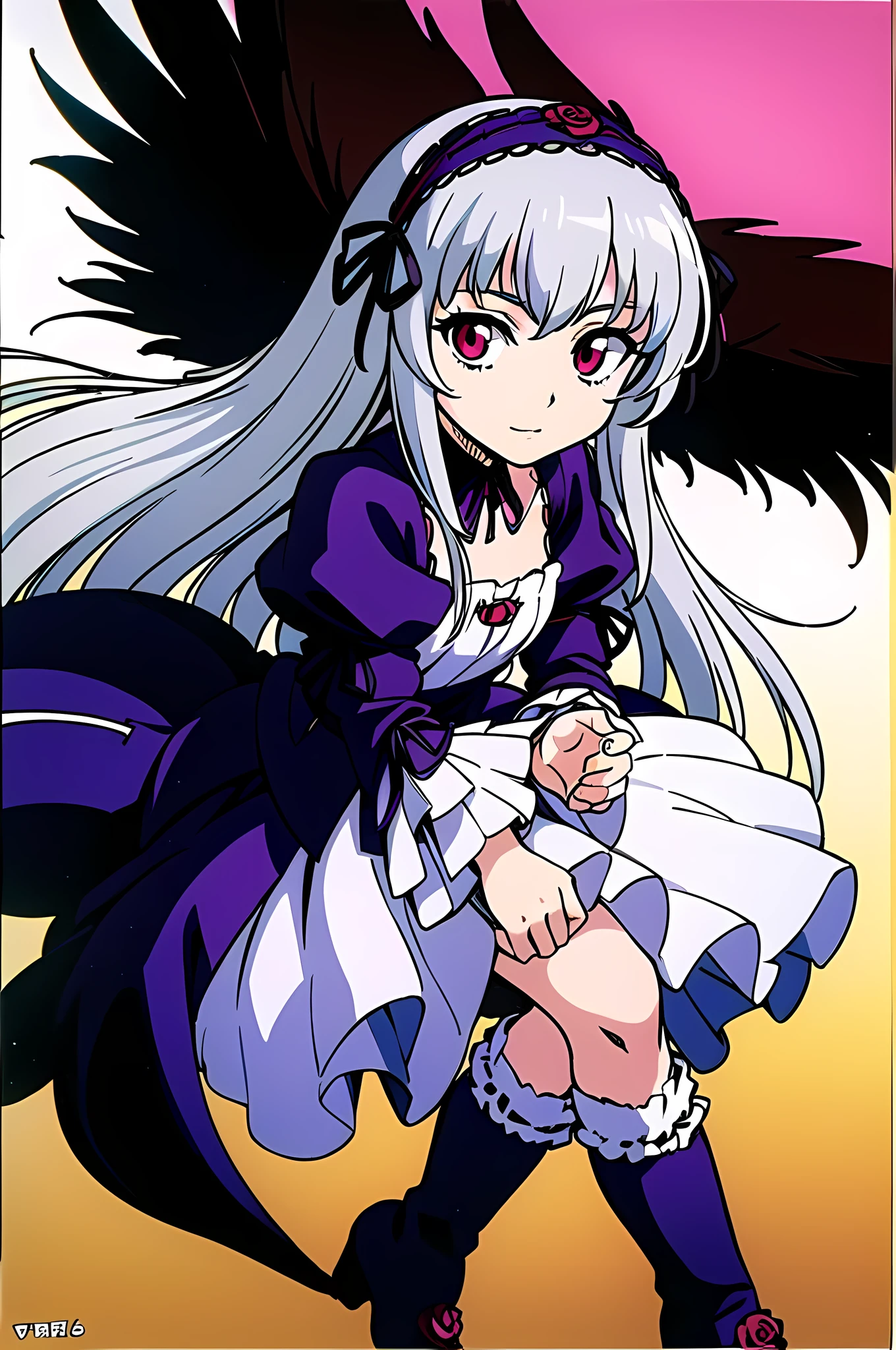 (highest quality:1.3),(masterpiece:1.4),(anatomically correct),(all limbs),(Refers to the whole),(Precise fingertips),(small details),(8K), (90s anime,90s anime style,anime cel painting,cel shaded anime), (delicate details), (intricate details),(Supermodel:1.3),1 girl, Ammunea,shinkai makoto,(5 years old:1.52)), ((suigintou:1.52)),(gray hair:1.15),red eyes,lolita fashion, Lolita Hair Band, removed collar, Black wings, black dress, juliet sleeves, frills, cross, cross-laced dress, knee boots,((highly detailed eyes:1.24)),XXXXXX fashion, XXXXXX hairband,woman made up of paint, full painting, (best lighting,very delicate and beautiful),Detailed beautiful shine,