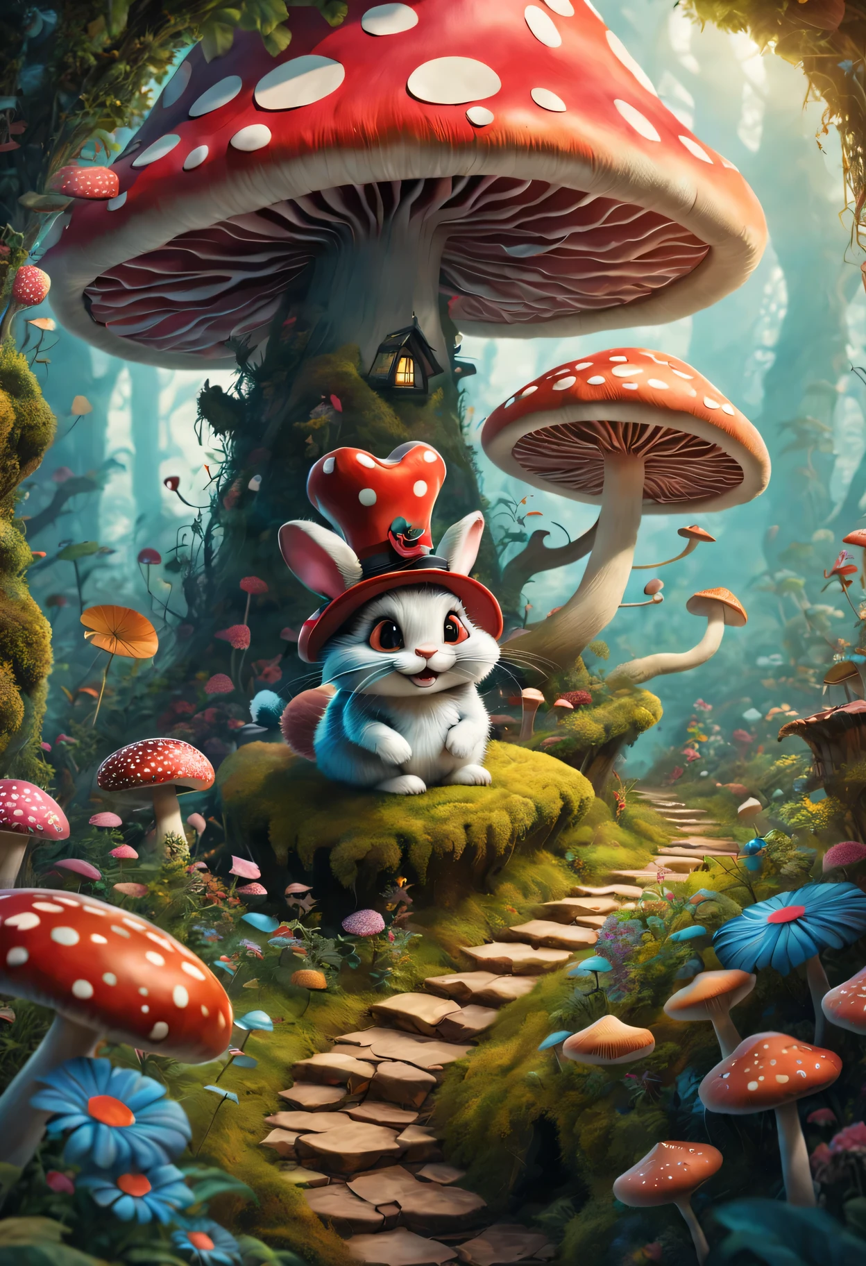 best quality,4K,8k,high resolution,masterpiece:1.2,super detailed,actual:1.37,In Wonderland,illustration,Colorful scenery,Rabbit hole,enchanted forest,magic mushrooms,Curious Alice,dream pictures,whimsical characters,Enter the crazy tea ,floating playing cards,Queen of Hearts Castle,Caterpillar smoking hookah on mushroom,Curious creatures hiding in the bushes,Cheshire cat mischievous smile,Dancing flowers and talking animals,feels,Surrealism,imagination,文艺复兴时期的灵feels,Soft and warm color palette,Fantastic lighting