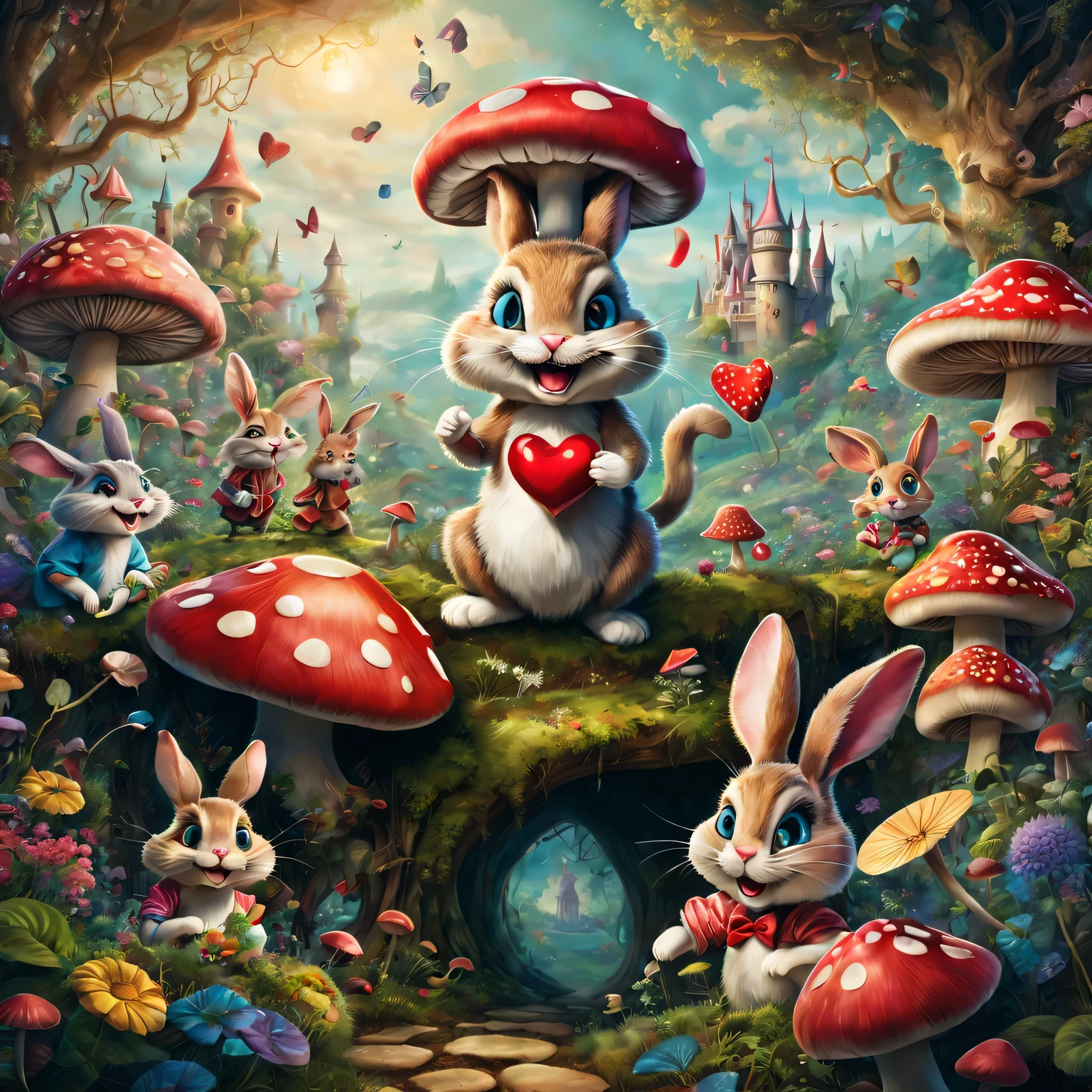 best quality,4K,8k,high resolution,masterpiece:1.2,super detailed,actual:1.37,In Wonderland,illustration,Colorful scenery,Rabbit hole,enchanted forest,magic mushrooms,Curious Alice,dream pictures,whimsical characters,Enter the crazy tea ,floating playing cards,Queen of Hearts Castle,Caterpillar smoking hookah on mushroom,Curious creatures hiding in the bushes,Cheshire cat mischievous smile,Dancing flowers and talking animals,feels,Surrealism,imagination,文艺复兴时期的灵feels,Soft and warm color palette,Fantastic lighting