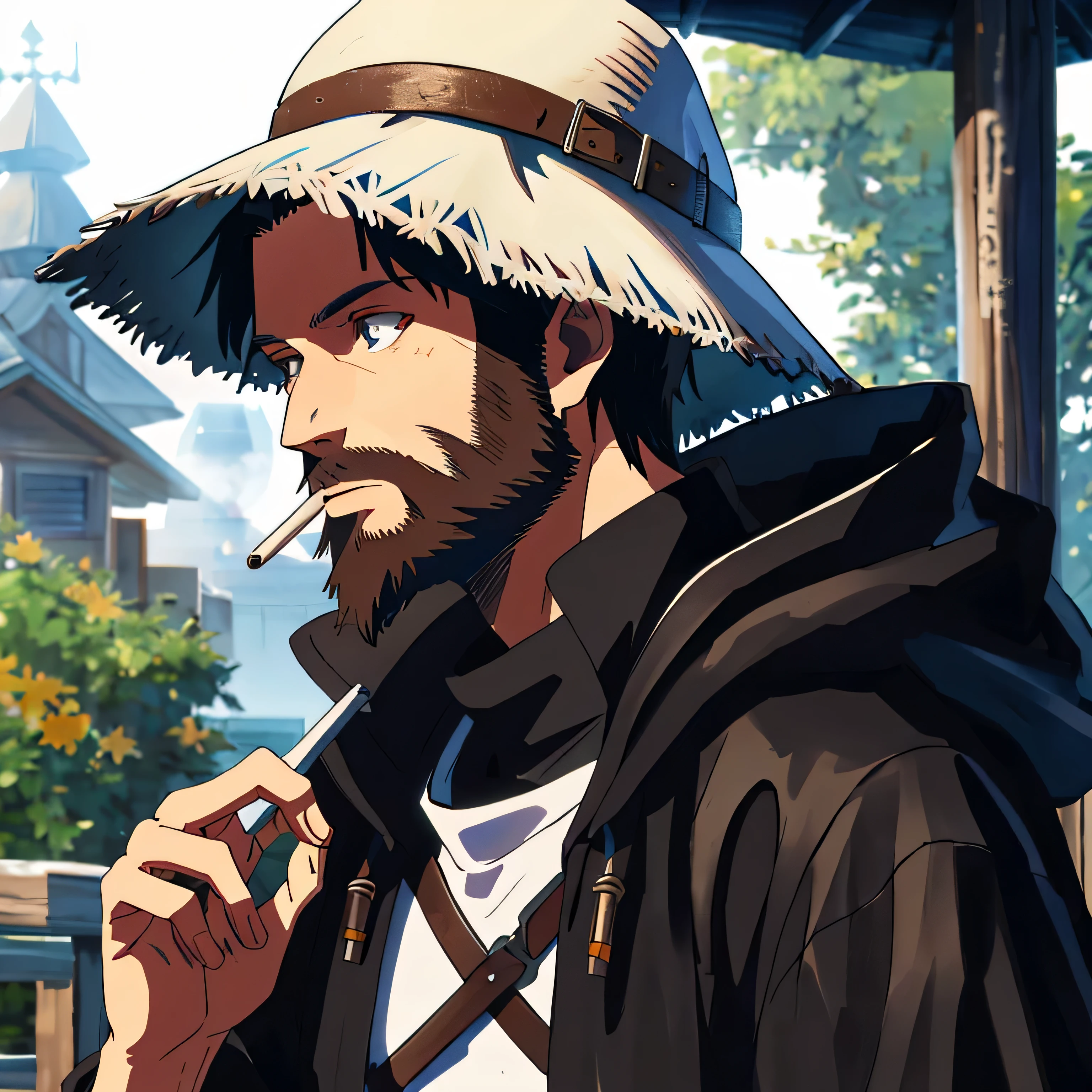 Close up of a man with brown hair and blue eyes, wearing black hoodie and a white bucket hat, beard like zeke yeager, ciri from the witcher, smoking a cigarette