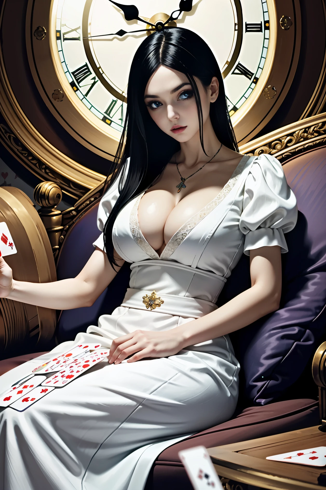 (masterpiece, highest quality)
alice horror, 1 girl, alone, black hair, wonderland background, butterfly、Alice with a big knife in her hand、severed head figurine、(extremely big )、(big breasts 200.0)V-neck dress(red and white dress and playing cards)creepy clock、cheshire cat、Trump pattern rug