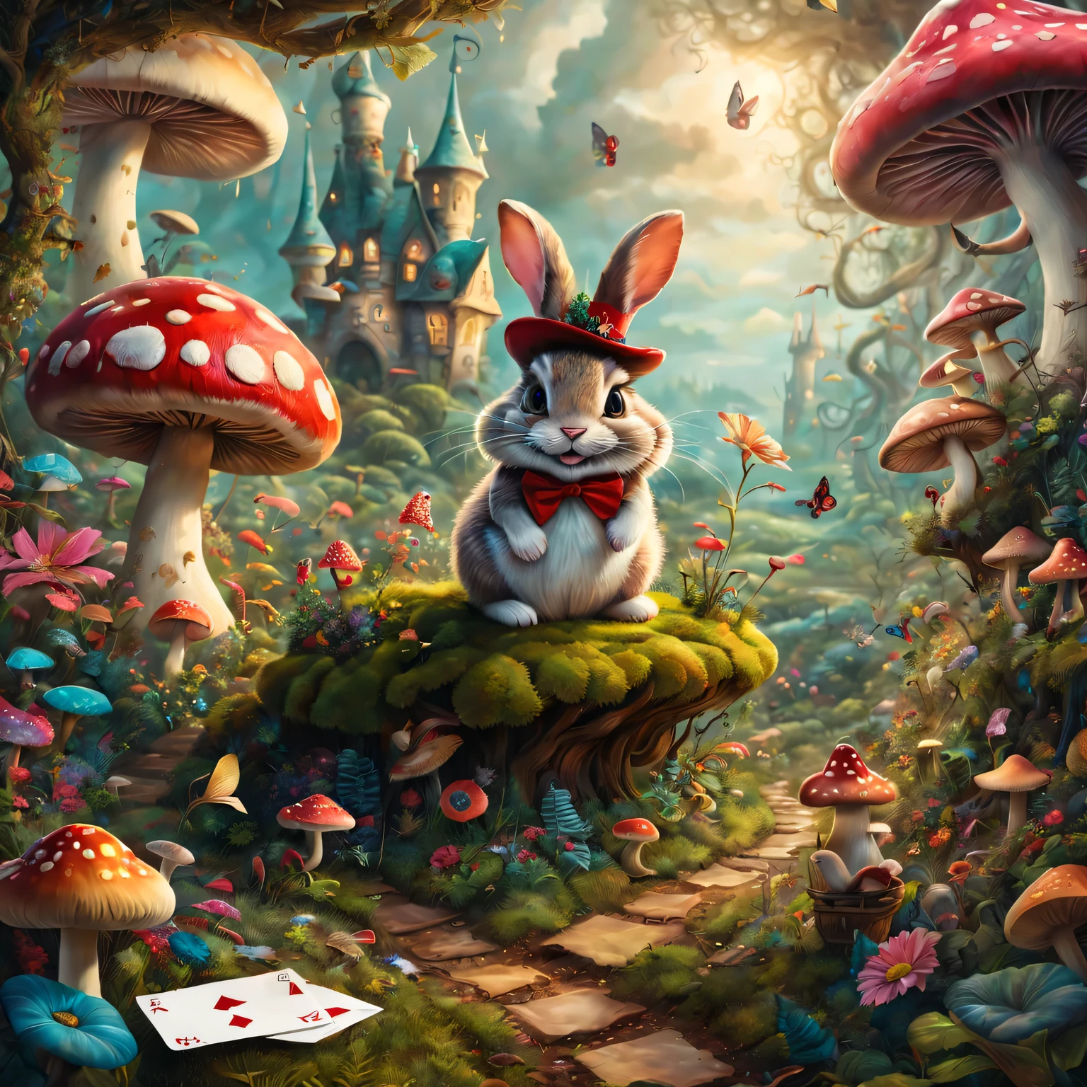 best quality,4K,8k,high resolution,masterpiece:1.2,super detailed,actual:1.37,In Wonderland,illustration,Colorful scenery,Rabbit hole,enchanted forest,magic mushrooms,Curious Alice,dream pictures,whimsical characters,Enter the crazy tea ,floating playing cards,Queen of Hearts Castle,Caterpillar smoking hookah on mushroom,Curious creatures hiding in the bushes,Cheshire cat mischievous smile,Dancing flowers and talking animals,feels,Surrealism,imagination,文艺复兴时期的灵feels,Soft and warm color palette,Fantastic lighting