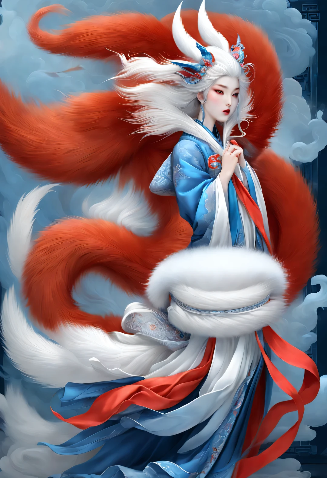 Zbrush style red and blue fashion painting, Oriental style, Soft realism and surreal details, blue and sky blue tones, (A white hair、blue eyes、Fox with nine red tails), Lots of fluffy red tails wrapped around, Ancient Chinese mythical beasts, fantasy,