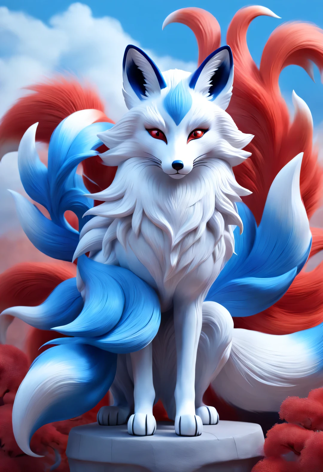 Zbrush style red and blue fashion painting, Oriental style, Soft realism and surreal details, blue and sky blue tones, (A white hair、blue eyes、Fox with nine red tails), Lots of fluffy red tails wrapped around, Ancient Chinese mythical beasts, fantasy,Mythological background