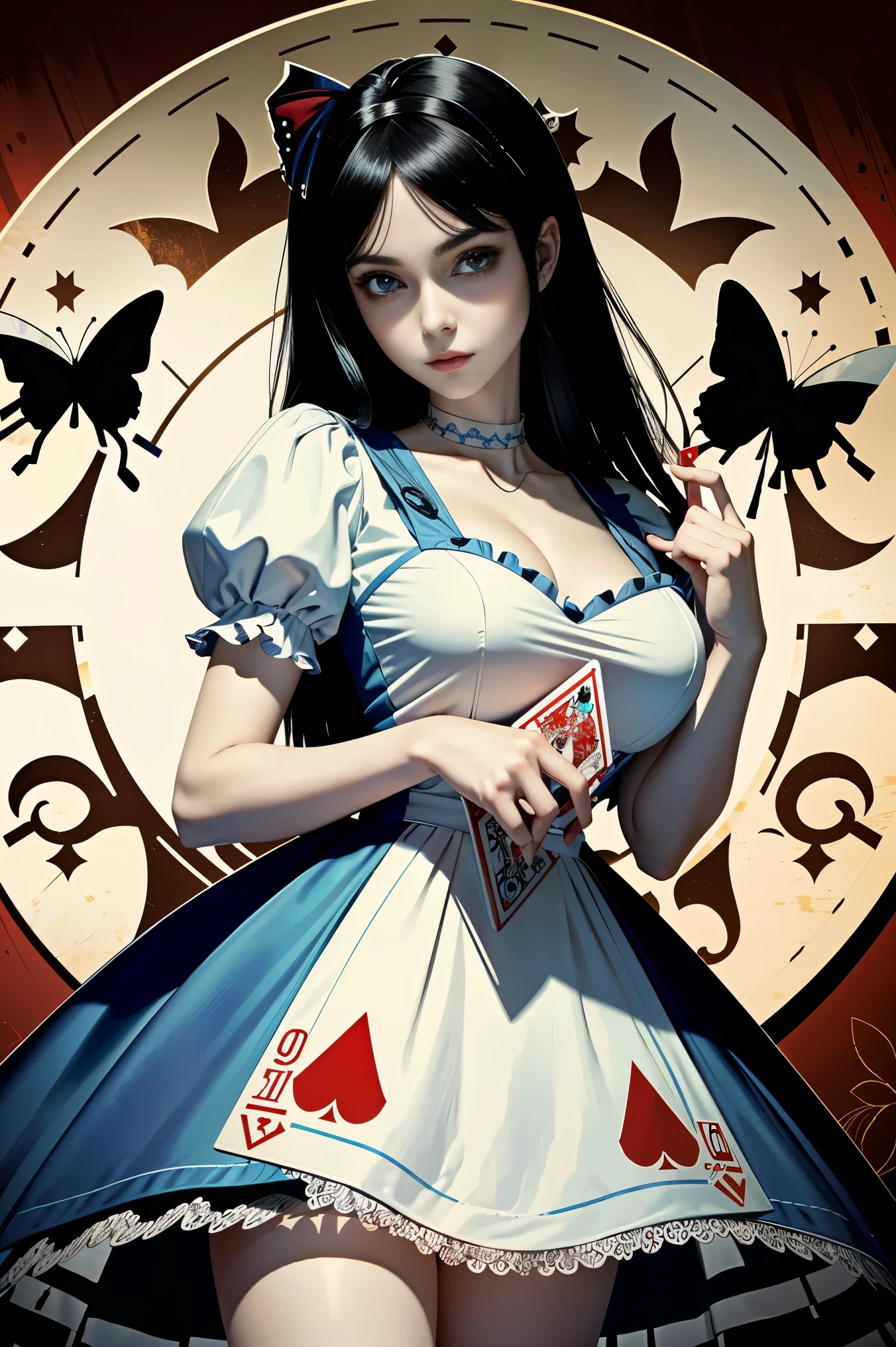 (masterpiece, highest quality)
alice horror, 1 girl, alone, black hair, wonderland background, butterfly、Alice with a big knife in her hand、severed head figurine、(extremely big )、(big breasts 200.0)V-neck dress(red and white dress and playing cards)creepy clock、cheshire cat、Trump pattern rug