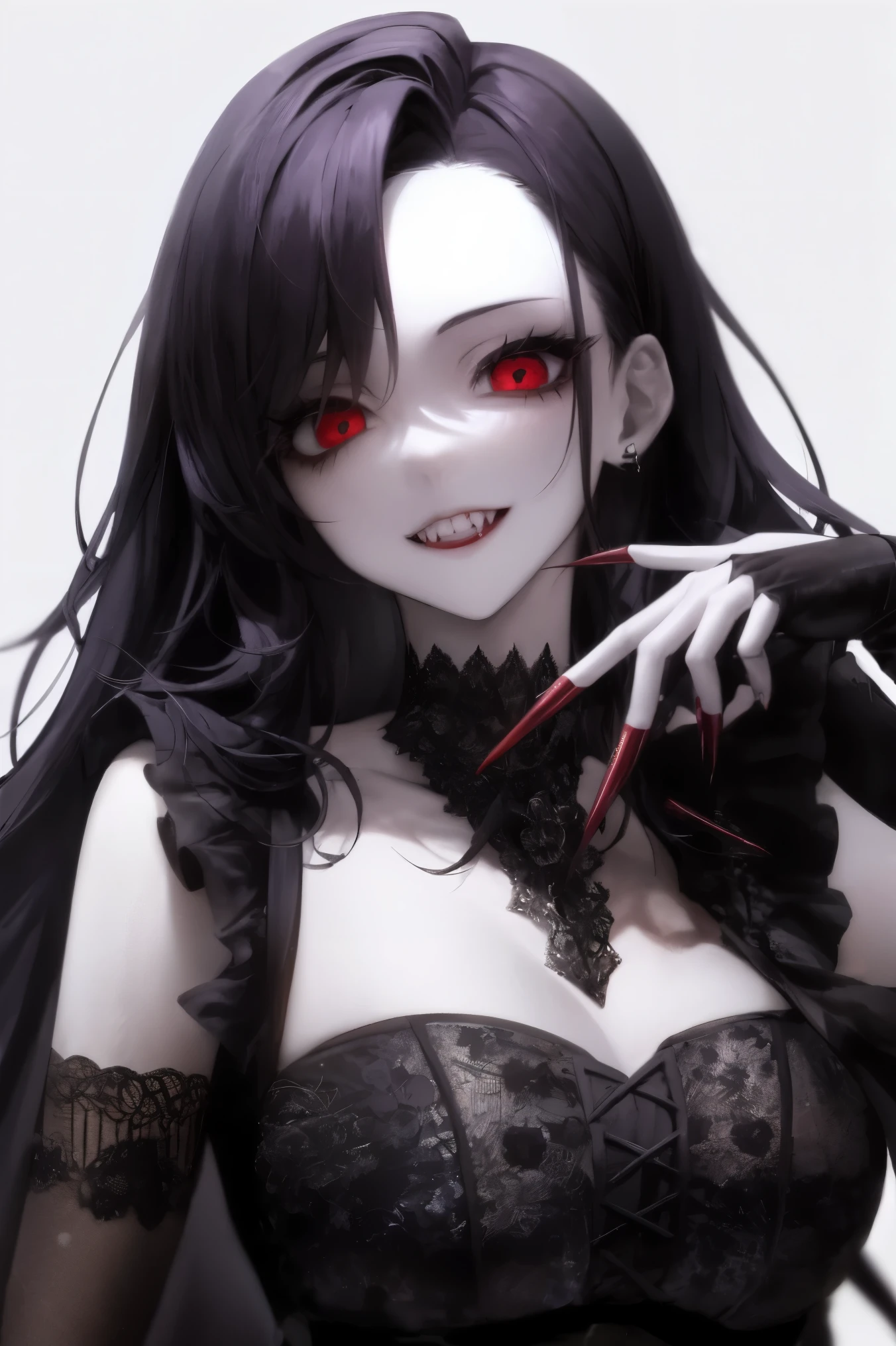 a girl monster, slave, chained, beautiful, detailed portrait, delicate facial features, piercing eyes, sharp fangs, pale skin, thick chains, dark background, cinematic lighting, dramatic shadows, gothic style, moody atmosphere, dark fantasy, high contrast, muted colors
