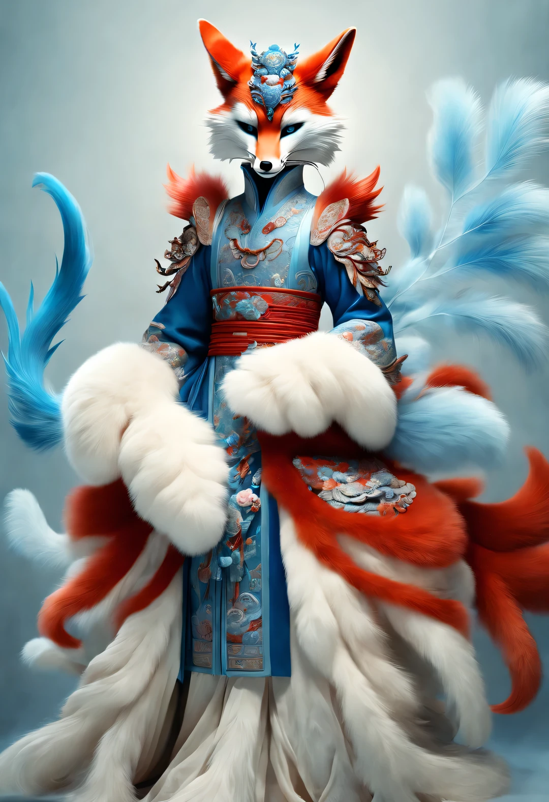 scenography, role conception, a white fox with blue eyes in ancient Chinese mythology, There are nine red tails spreading wildly below (All aside), standing posture, dynamic poses, (The nine huge red tails that protrude from the fox&#39;s waist down), (blue eyes), With clear fox claws, Mysterious legends, Chinese mythology, Ancient divine beasts, and Chinese Classic of Mountains and Seas, concept art, illustration, 8k, Smooth, clear focus, fantasy, Epic visual effects,