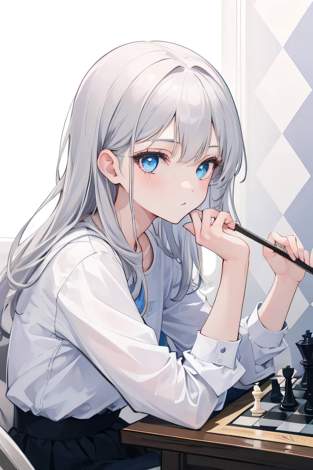 1 girl, gray hair, bright blue eyes, casual wear, Chess, Chess盤, Casual background, beautiful eyes, beautiful hair, masterpiece, 4K, HD, become familiar with, become familiar with face,medium breasts、sexy