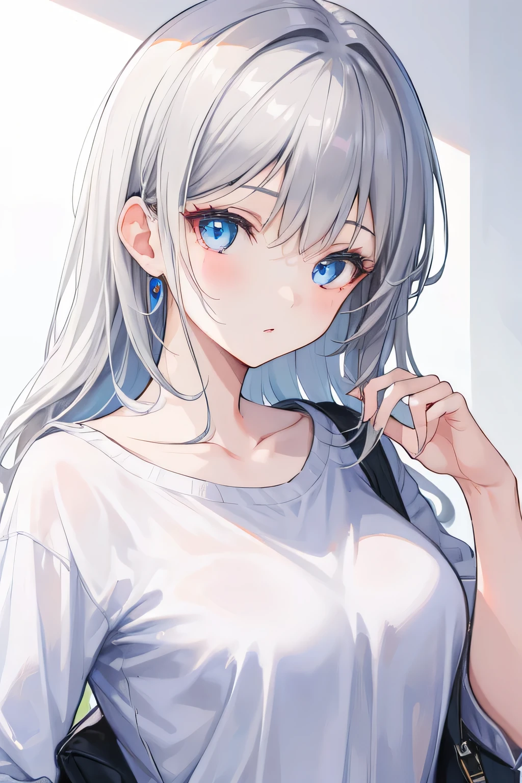 1 girl, gray hair, bright blue eyes, casual wear, Chess, Chess盤, Casual background, beautiful eyes, beautiful hair, masterpiece, 4K, HD, become familiar with, become familiar with face,medium breasts、sexy