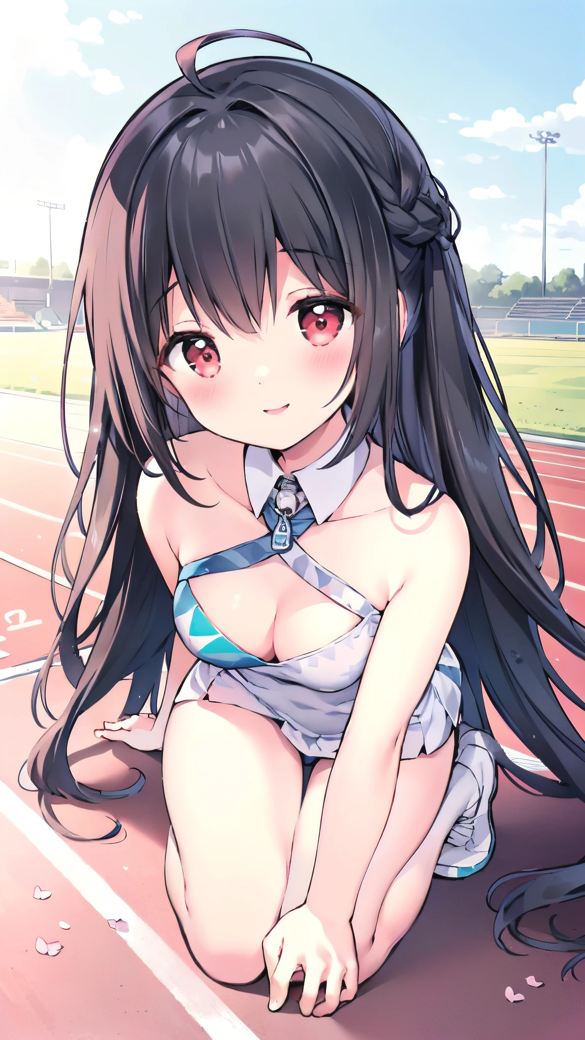 (1 girl, Random poses, wearing cheerleader uniform, high school student, in the track field background:1.5), (gentle housewife, ***** girl, full body, depth of view,  and short figure girl, cute and adorable, perfect woman, medium cleavage, mature aura:1.2), (masterpiece, best quality, HD Pictures, 4K:1.1), ((very long hair, bangs, gentle look, gentle smile, gentle eyes, mature looking, pinkish cheeks, very detailed eyes, very detailed pupils, very detailed ridiculously long black hair, detailed face, detailed ruby red eyes)), full body, look up to viewer, detailed long black hair, (happy gentle face, warm smile, blushing red cheeks:1.3)