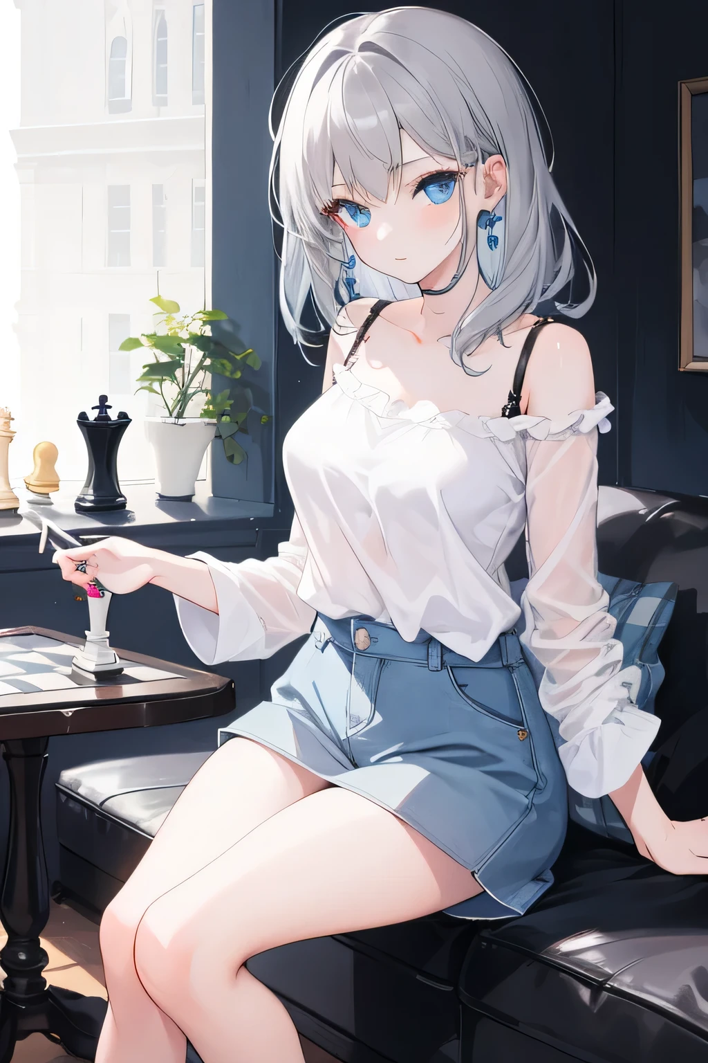 1 girl, gray hair, bright blue eyes, casual wear, Chess, Chess盤, Casual background, beautiful eyes, beautiful hair, masterpiece, 4K, HD, become familiar with, become familiar with face,medium breasts、sexy