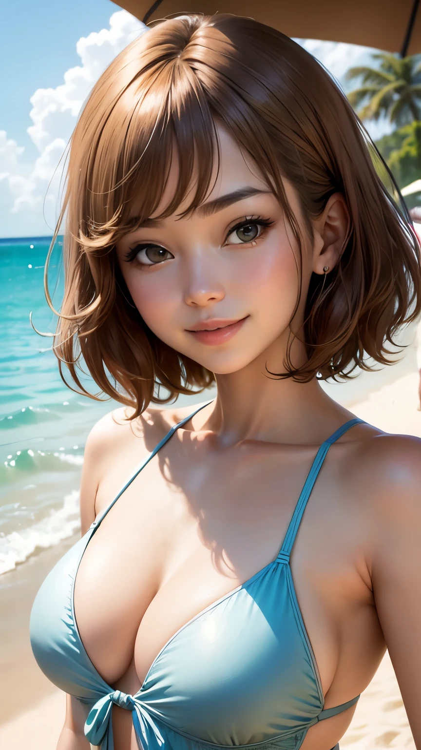 highest quality, masterpiece,  1 girl, smile, sunny、from below、swimsuit、Light Brown Short Bob Hair、beach、cleavage