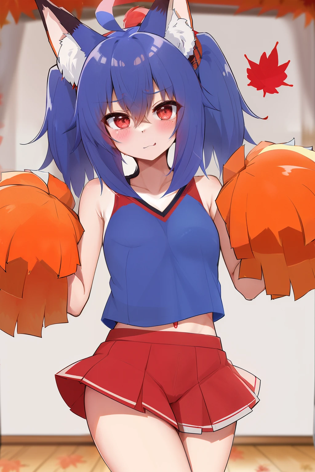 1 girl, (hairy female:1.1), fox, blue hair, red eyes, fox狸耳朵, fox狸尾巴:1.25, body hair:1.75, , Gel coat red shorts, (Red maple leaf \(symbol\):1.25), \:|, (cheerleader:1.25), , Glue background, indoors, nude