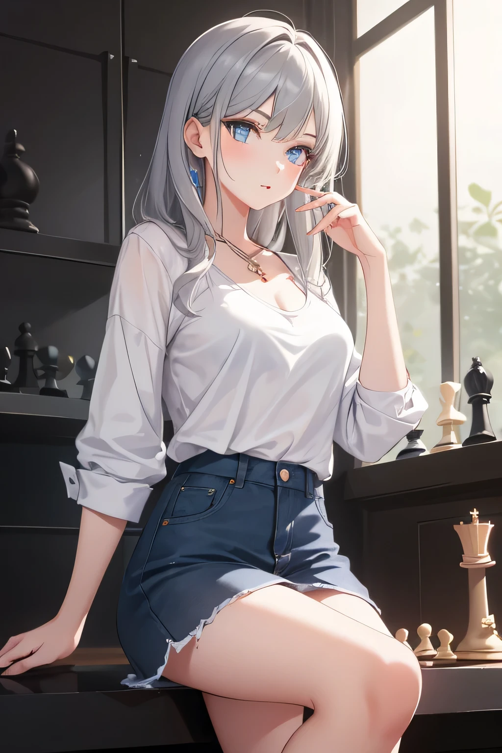 1 girl, gray hair, bright blue eyes, casual wear, Chess, Chess盤, Casual background, beautiful eyes, beautiful hair, masterpiece, 4K, HD, become familiar with, become familiar with face,medium breasts、sexy