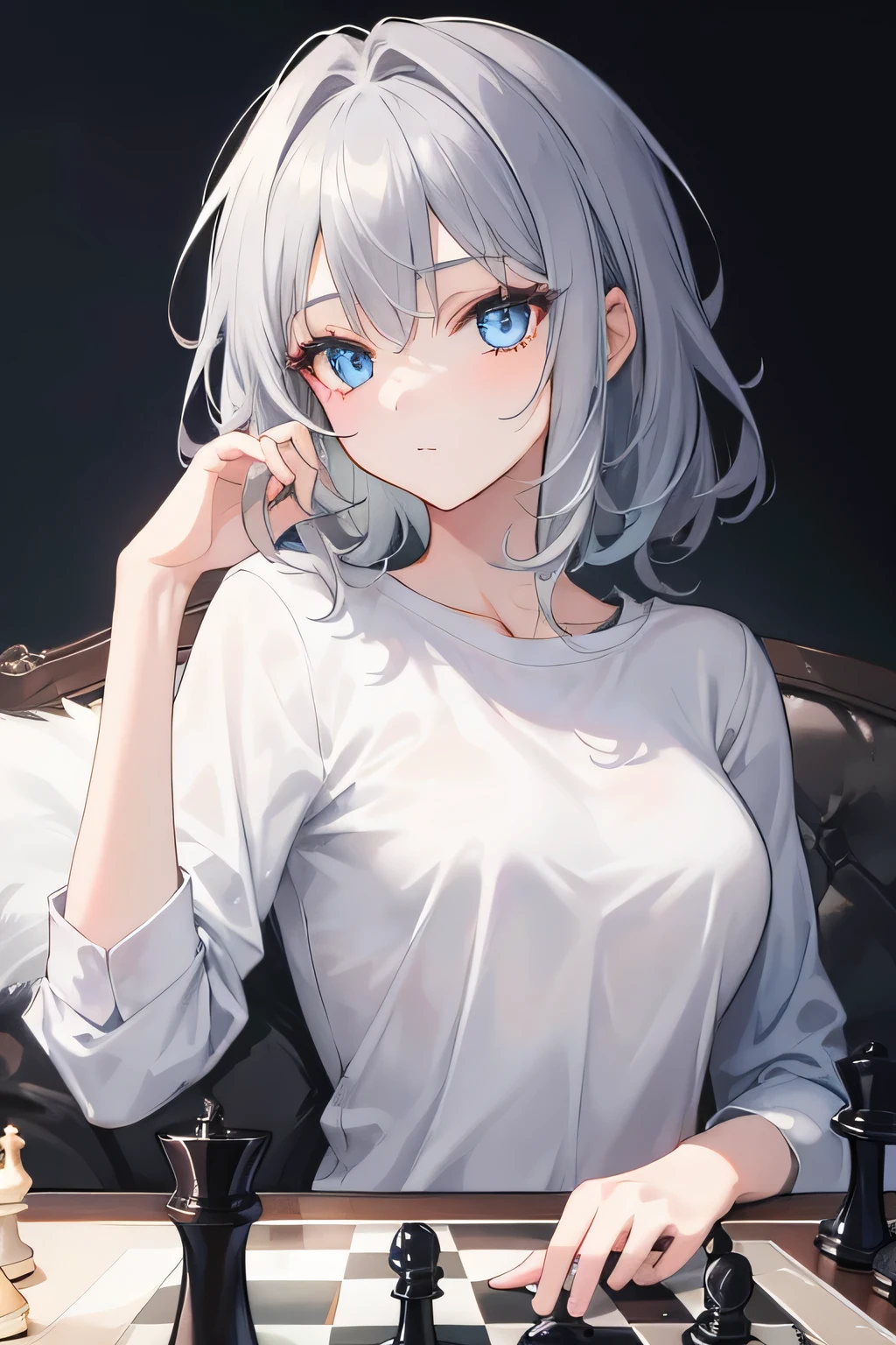 1 girl, gray hair, bright blue eyes, casual wear, Chess, Chess盤, Casual background, beautiful eyes, beautiful hair, masterpiece, 4K, HD, become familiar with, become familiar with face,medium breasts、sexy