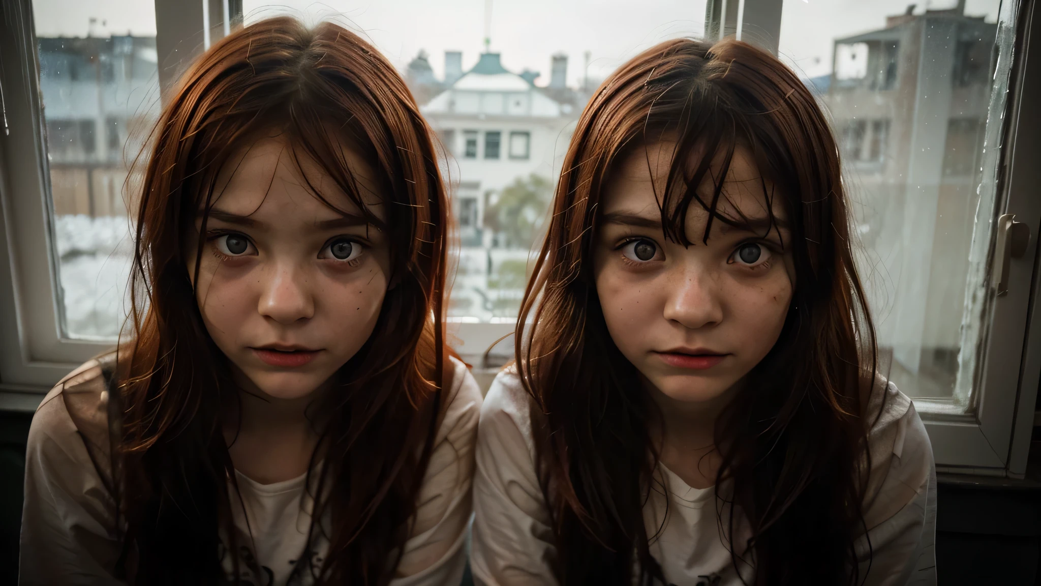 two girls sitting together in front of the window, Grimacing, Mocking the camera, Disturbing photo, haunting!, scary photo,, very scary photo, They are very serious, mysterious!, Hiding, aaaaaa, Cursed Photography, blurred image, , Scary picture. Russian girls, -yeOne girl has bright red hair., face covered with palm