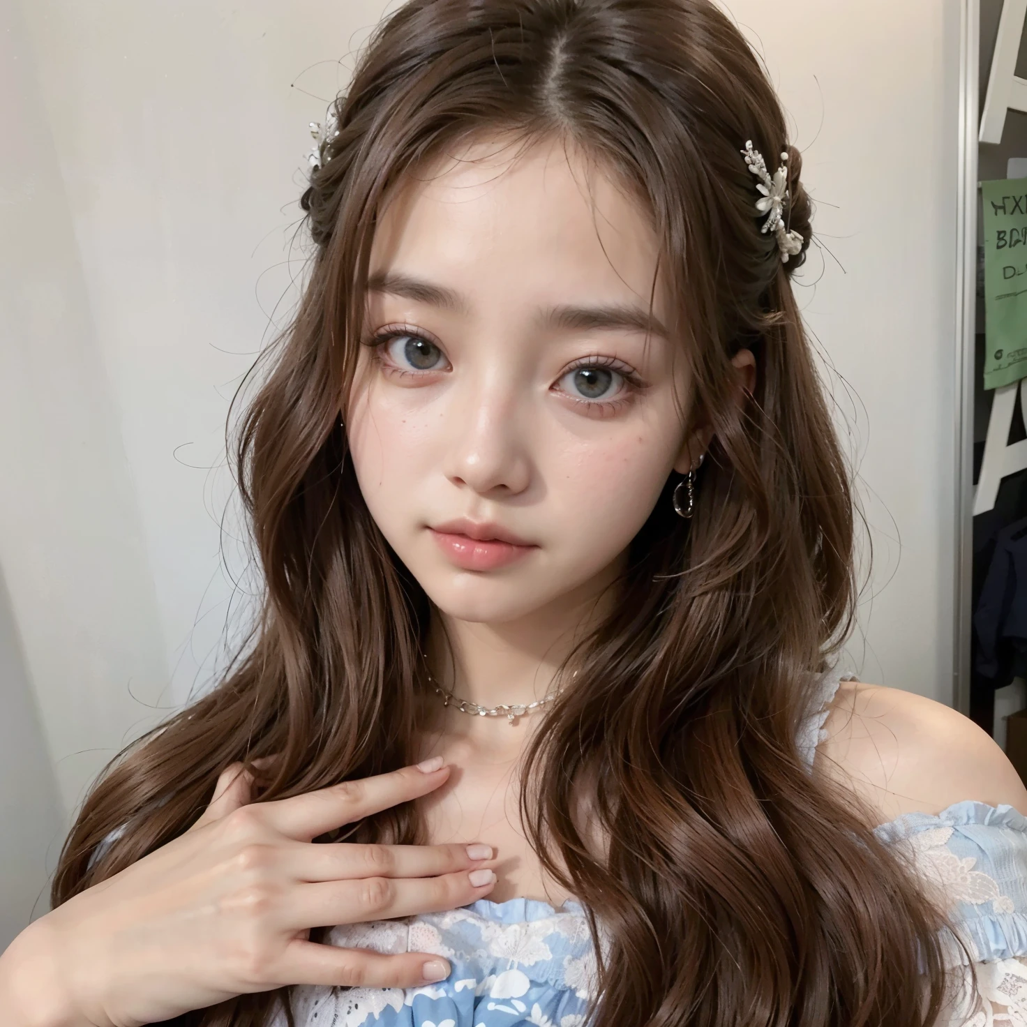 um close up de uma mulher com cabelos longos usando um vestido azul, wonyoung jang, Ulzzang, dilraba dilmurat, Wonyoung, chiho, Wonyoung Jang, Jang Wonyoung, Jang wonyoung, o corte Hime, wonyoung, Wonyoung Jang, maquiagem coreana popular, estacionar a partir de-min