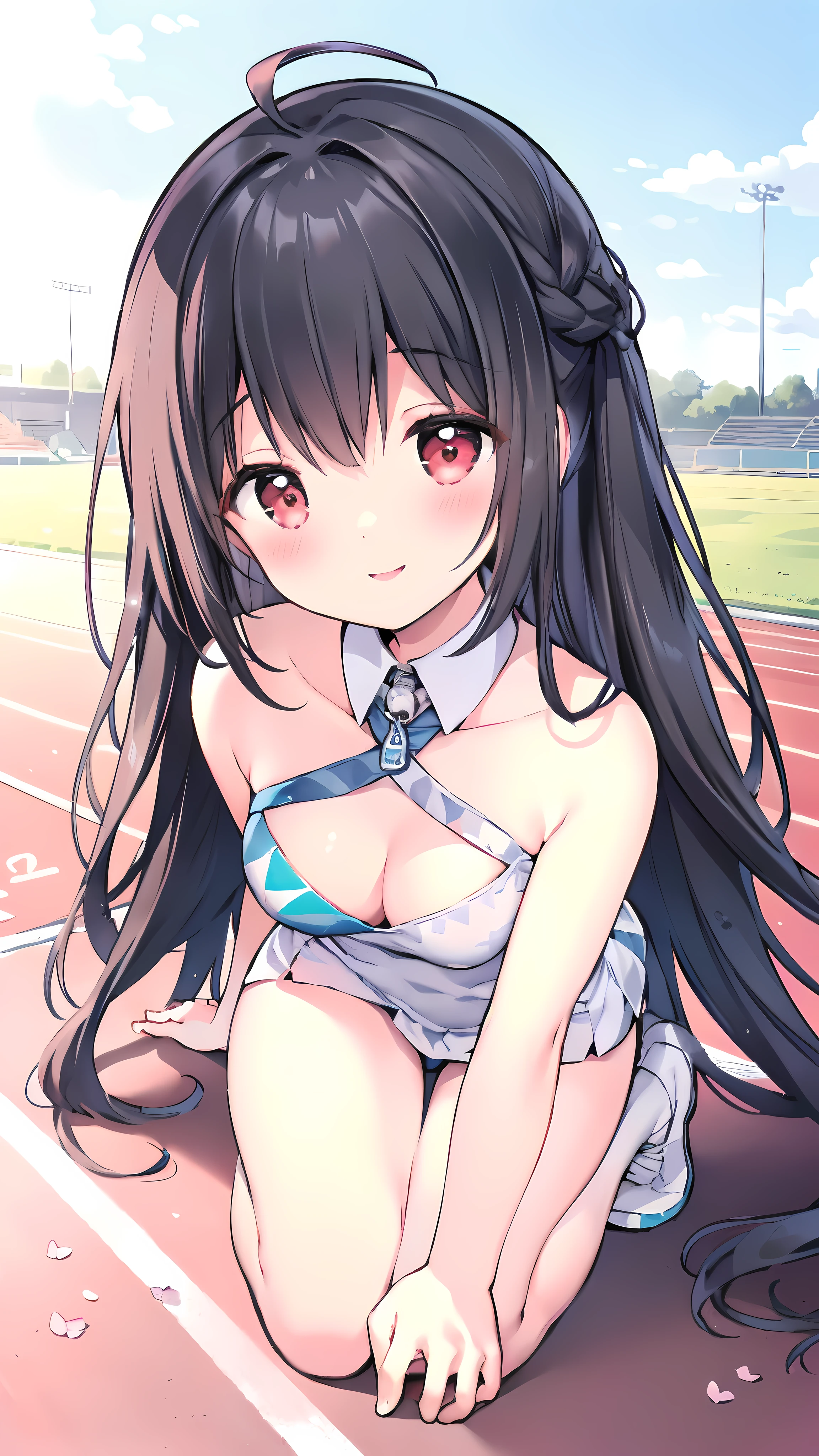 (1 girl, Random poses, wearing cheerleader uniform, high school student, in the track field background:1.5), (gentle housewife, small girl, full body, depth of view, and short figure girl, cute and adorable, perfect woman, medium cleavage, mature aura:1.2), (masterpiece, best quality, HD Pictures, 4K:1.1), ((very long hair, bangs, gentle look, gentle smile, gentle eyes, mature looking, pinkish cheeks, very detailed eyes, very detailed pupils, very detailed ridiculously long black hair, detailed face, detailed ruby red eyes)), full body, look up to viewer, detailed long black hair, (happy gentle face, warm smile, blushing red cheeks:1.3)