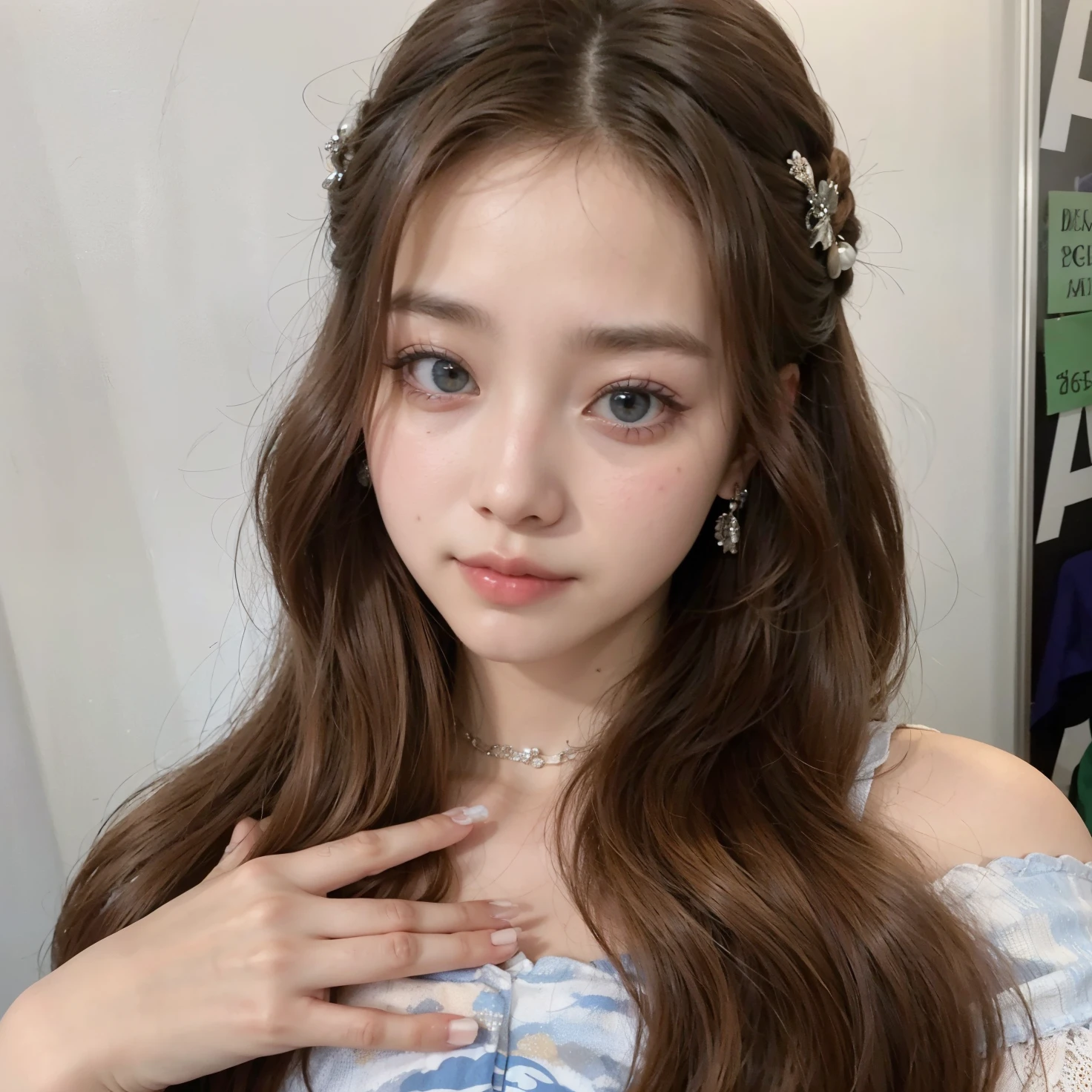 um close up de uma mulher com cabelos longos usando um vestido azul, wonyoung jang, Ulzzang, dilraba dilmurat, Wonyoung, chiho, Wonyoung Jang, Jang Wonyoung, Jang wonyoung, o corte Hime, wonyoung, Wonyoung Jang, maquiagem coreana popular, estacionar a partir de-min