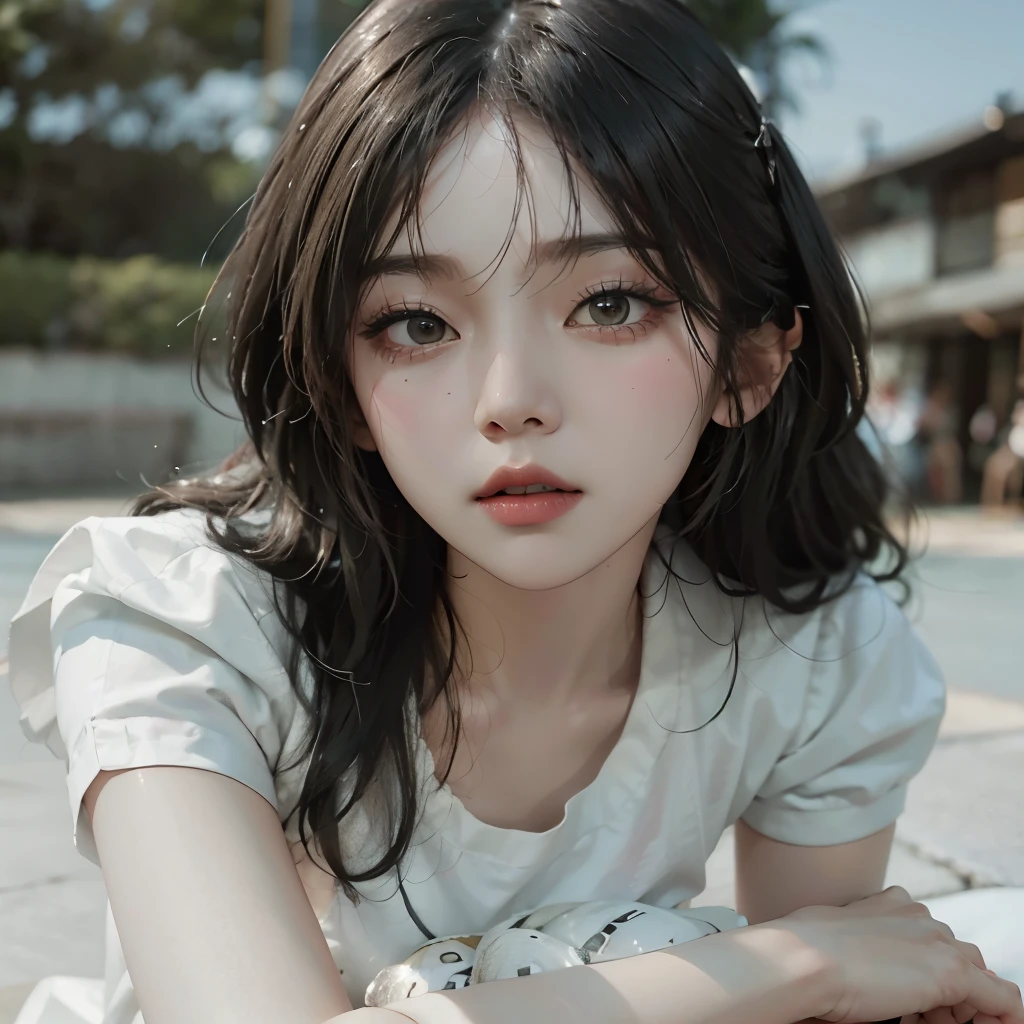 um close de uma mulher sentada na praia com uma camisa branca, chiho, Yoshitomo Nara, Kotegawa Yui, Kimi Takemura, The motto is Teshirogi, shikami, Chiho Ashima, a young Asian woman, aoi ogata, penteado com corte hime branco, jaeyeon nam