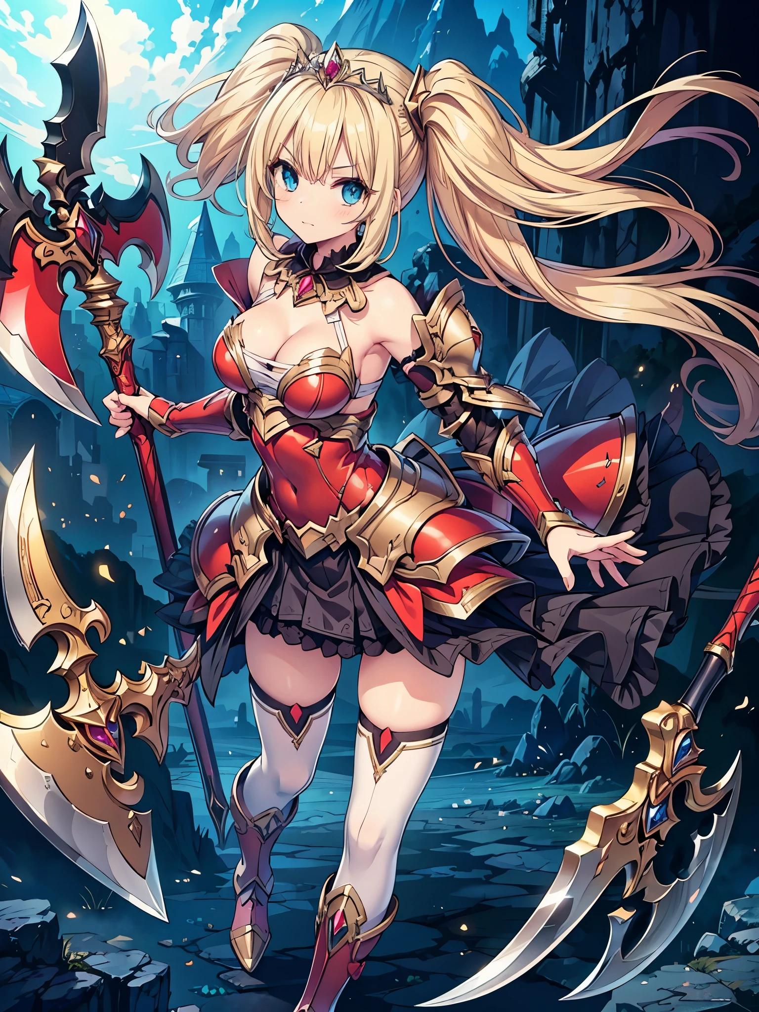 (masterpiece), best quality, fantasy art, 1girl, a female knight in metal armor holding Axe, red_outfit, white_armor,cropped shoulders armor, plate armor, armor dress,gauntlets, Blonde hair,twintails, long hair, blue_eyes, ruby tiara,cleavage, thighs, thighhighs, weapeon, Axe, full body, holding weapon