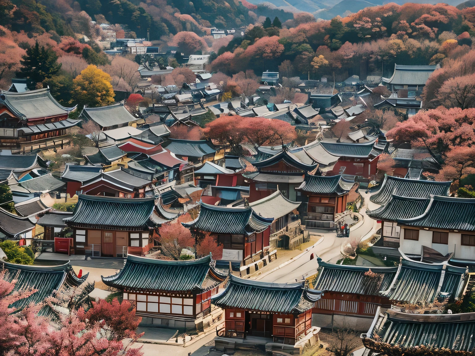 Araping view of a small village with many houses, traditional korean city, korean traditional palace, Japense village in background, sangyeob park, Gwanghwamun, from me, rural korea, full - view, History reference, Panorama of crooked ancient city, town in the background, ancient city scenery, Seen from above, see above