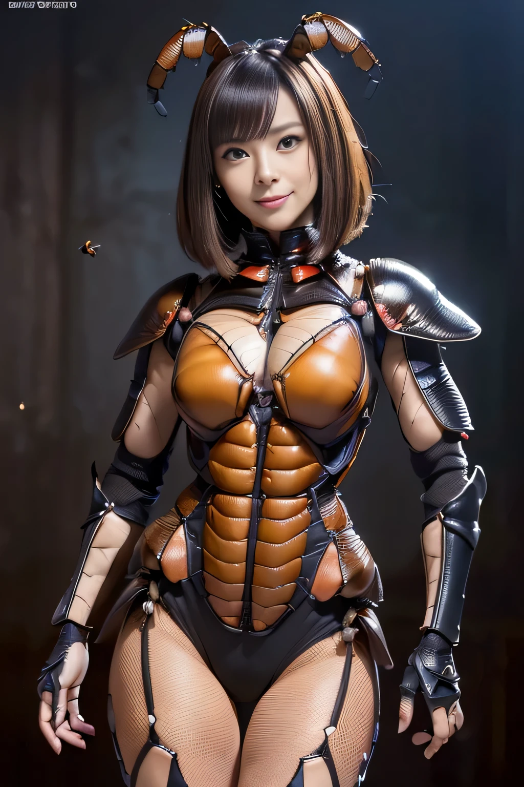 (High resolution,masterpiece,highest quality,Very detailed CG, anime, official art:1.4), realistic, photograph, amazing detail, all complicated, luster and luster,great many layers, 8k wallpaper, 3D, sketch, cute, figure,( alone:1.4), perfect female proportions,villain's daughter, (Fusion of dark brown cockroach and lady:1.4), (brown cockroach form lady:1.2), (brown cockroach woman:1.2), (Fusion:1.2), (alone:1.4), (evil smile:1.2), muscular, abs, (Cockroach brown exoskeleton bio insect suit:1.4), (Cockroach brown exoskeleton bio insect armor:1.2), (brown transparent cockroach feathers:1.4), (brown cockroach antenna:1.3)