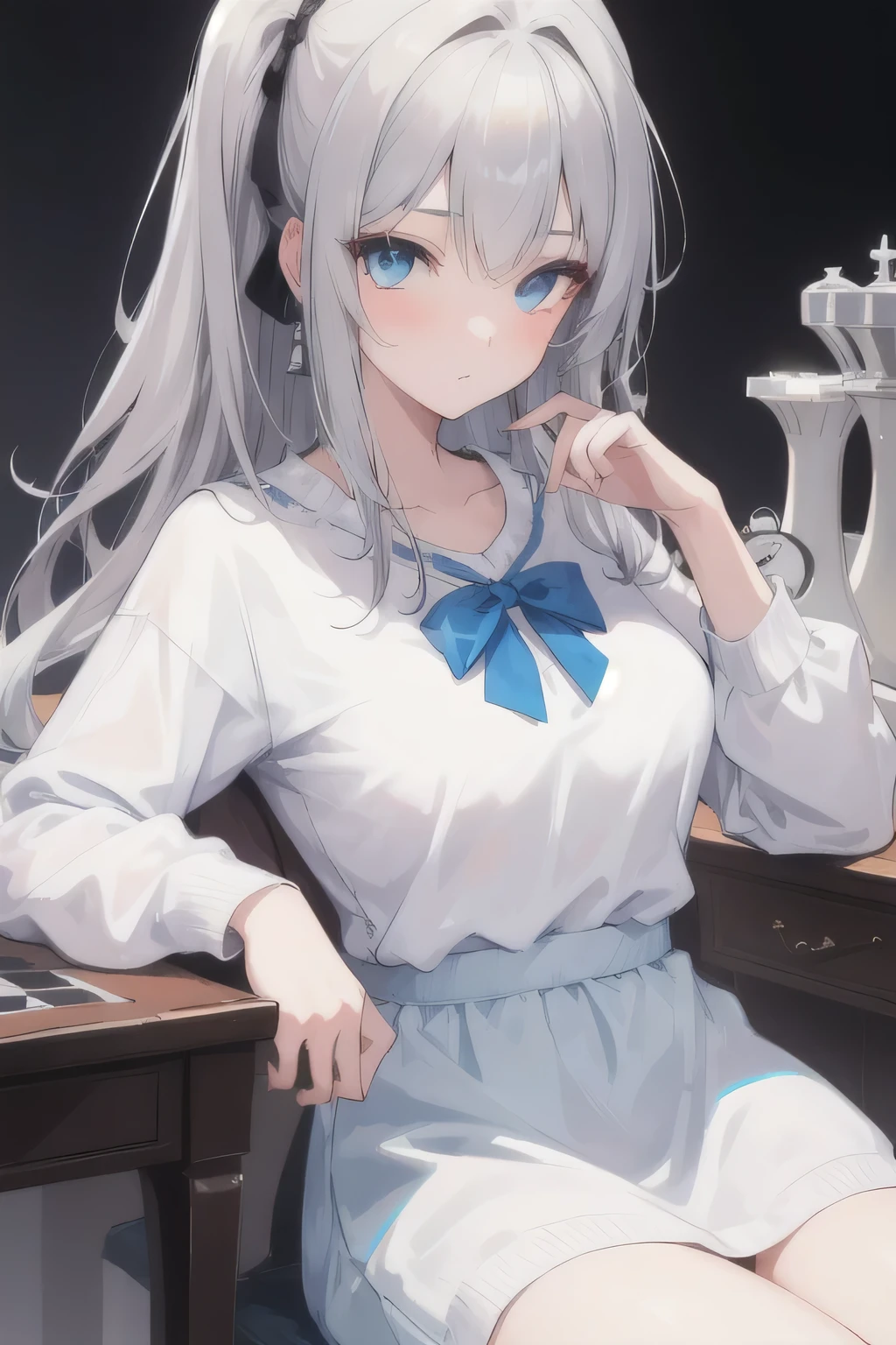 1 girl, gray hair, bright blue eyes, casual wear, Chess, Chess盤, Casual background, beautiful eyes, beautiful hair, masterpiece, 4K, HD, become familiar with, become familiar with face,medium breasts、sexy