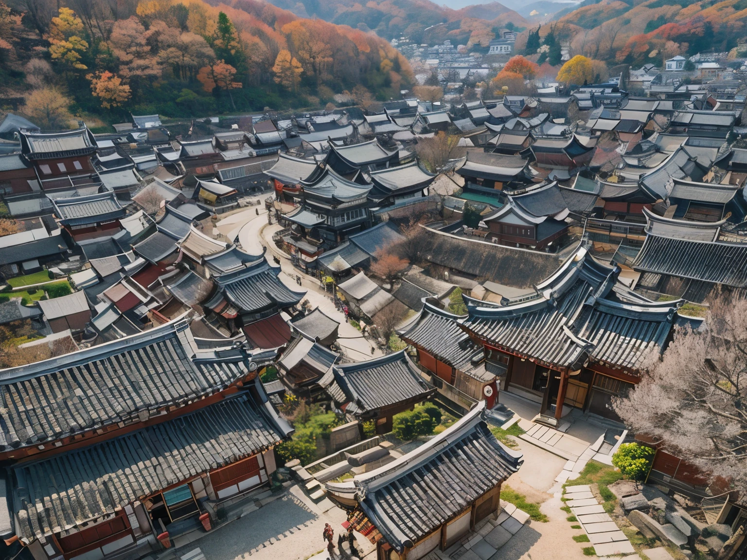 Araped view of a small village with many houses, traditional korean city, korean traditional palace, Japense village in background, sangyeob park, Gwanghwamun, from me, Rural Korea, full - view, History reference, Panorama of crooked ancient city, town in the background, ancient city scenery, Seen from above, See above