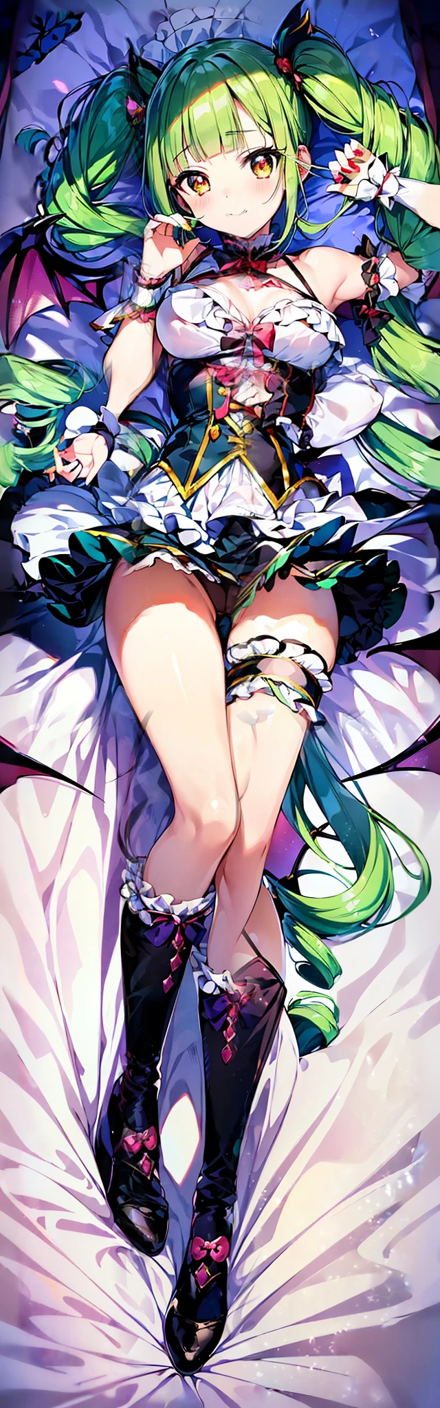 ((anime girl)),(official art),((Yurika Todo)),(Aikatsu!), smile, butterfly hair ornaments, butterfly earrings, green beautiful eyes, No sleeve, red nails, (masterpiece, highest quality, highest quality, official art, beautiful and aesthetic: 1.2), ((Light green hair, twin drill,high short twintail)),(((((blunt bangs))))),4K, hyper hd, white skin, baroque, Gothic ta, race, frills,elegant, Smooth anime CG art, movie lighting, vampire, bat wings, lure,(full body,dakimakura illumination,on the bed、On your back、lying down、beautiful girl,光沢のある衣装,光沢のある肌,濡れてる肌,クリアな画像,鮮明な)