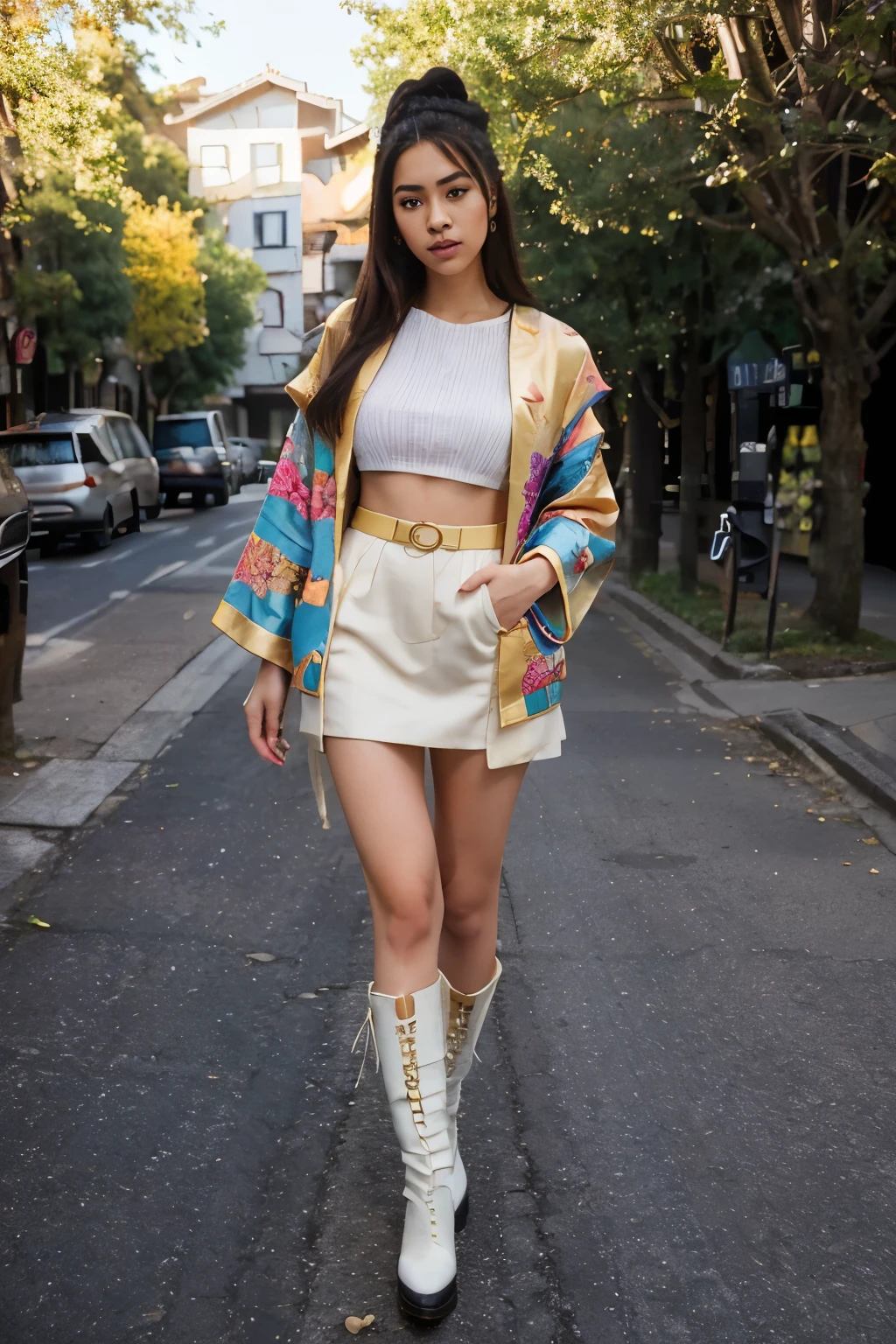 Create a visually hyper realistic photo stunning post highlighting Aria's cultural fusion outfit. Dress her in a sophisticated ensemble that seamlessly blends European and Japanese elements, such as a tailored kimono-inspired jacket paired with elegant European boots. Choose a picturesque location that contrasts modern and traditional aesthetics, such as a contemporary city street with glimpses of nature. Optimize for natural lighting during the golden hour to enhance the warmth and vibrancy of the photo. Capture Aria in a confident and poised pose, emphasizing the fusion of her cultural identity through fashion. Use a Canon EOS R5 camera for sharp details and vivid colors. #CulturalHarmonyOOTD