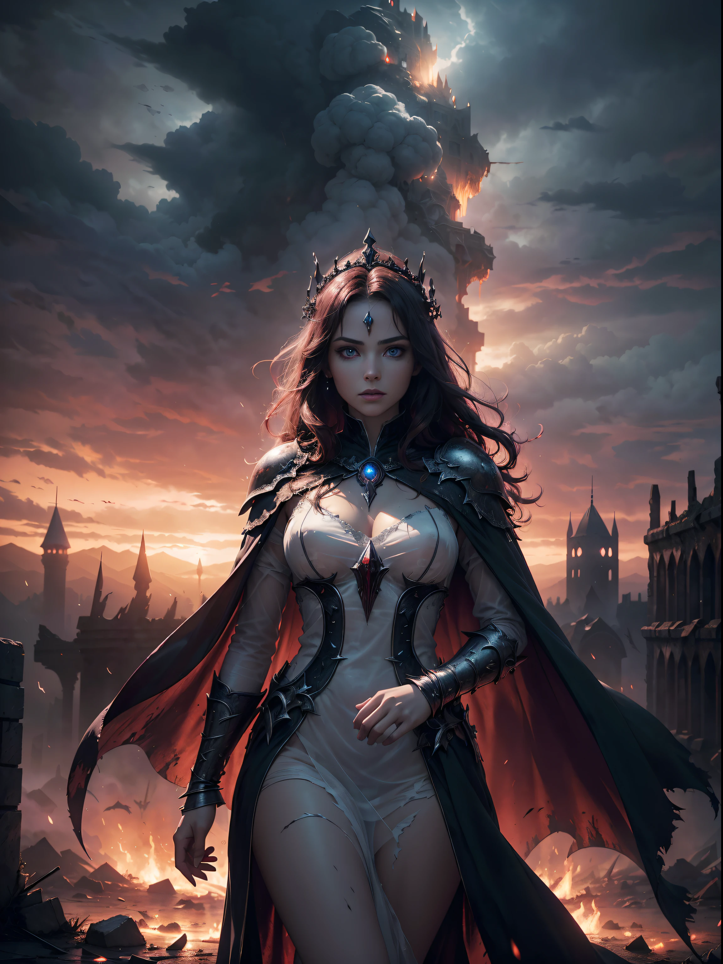 (in 8K, RAW Photos, top-quality, masterpiece:1.2), (realisitic, Photorealsitic:1.37), ultra-detailliert, high resolution, Huge Monster and sexy sorceress, building crumbling, Burning flame, stunningly beautiful face, dynamic ungle