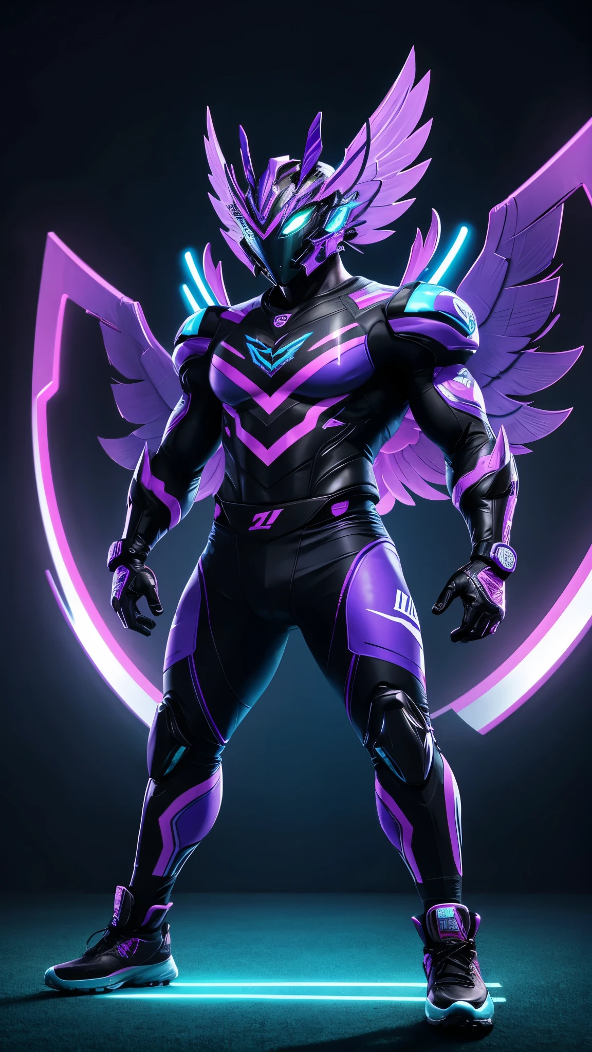 neon blue and purple garuda mascot football of cyber city