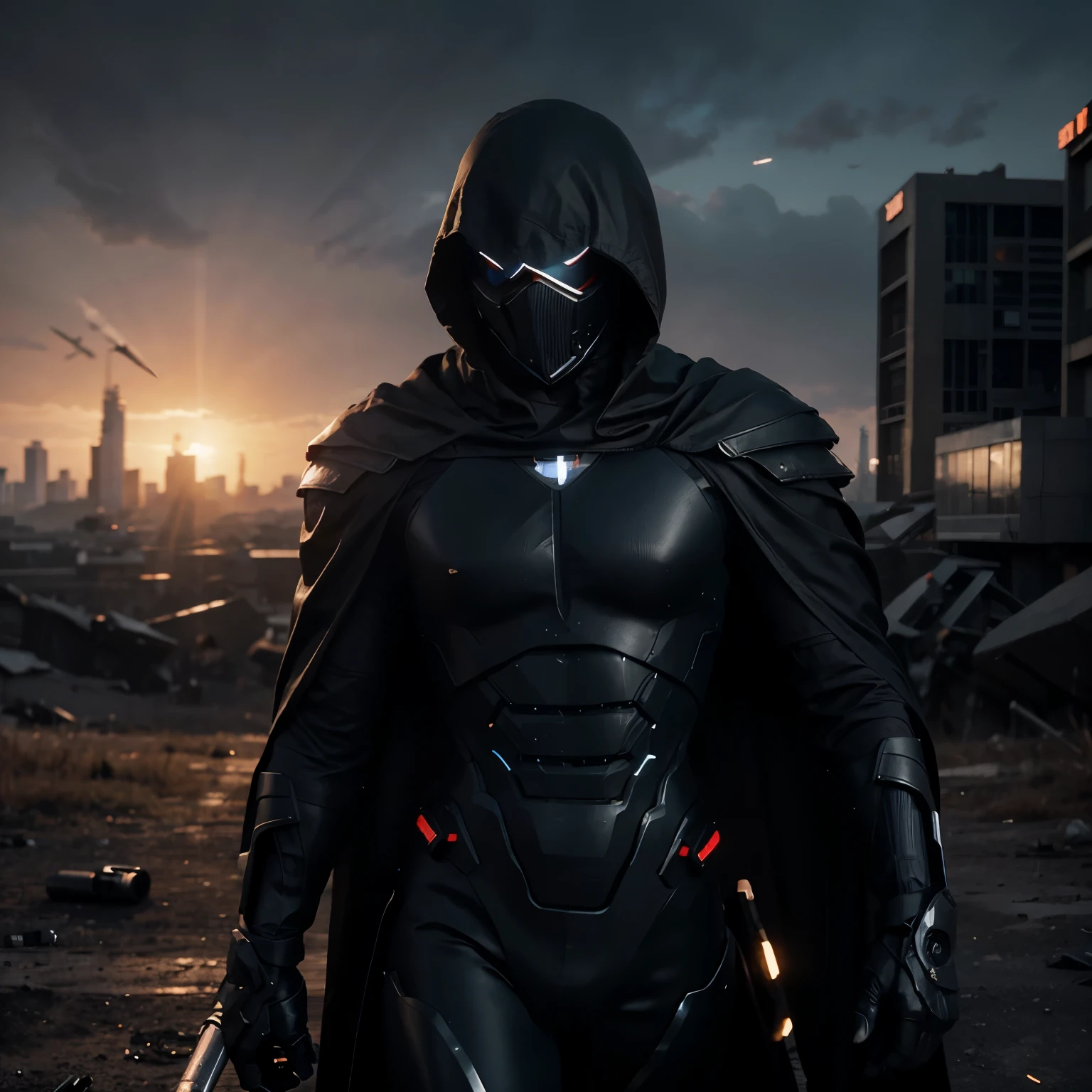 A black coloured robot with white glistening eyeswearing a cape, walking in a battlefield city, bullets falling from the sky, sunrise in the background, epic scene, cinematic scene, artgerm style, 32k, ultra HD, unreal engine rendered, hyper-realistic image