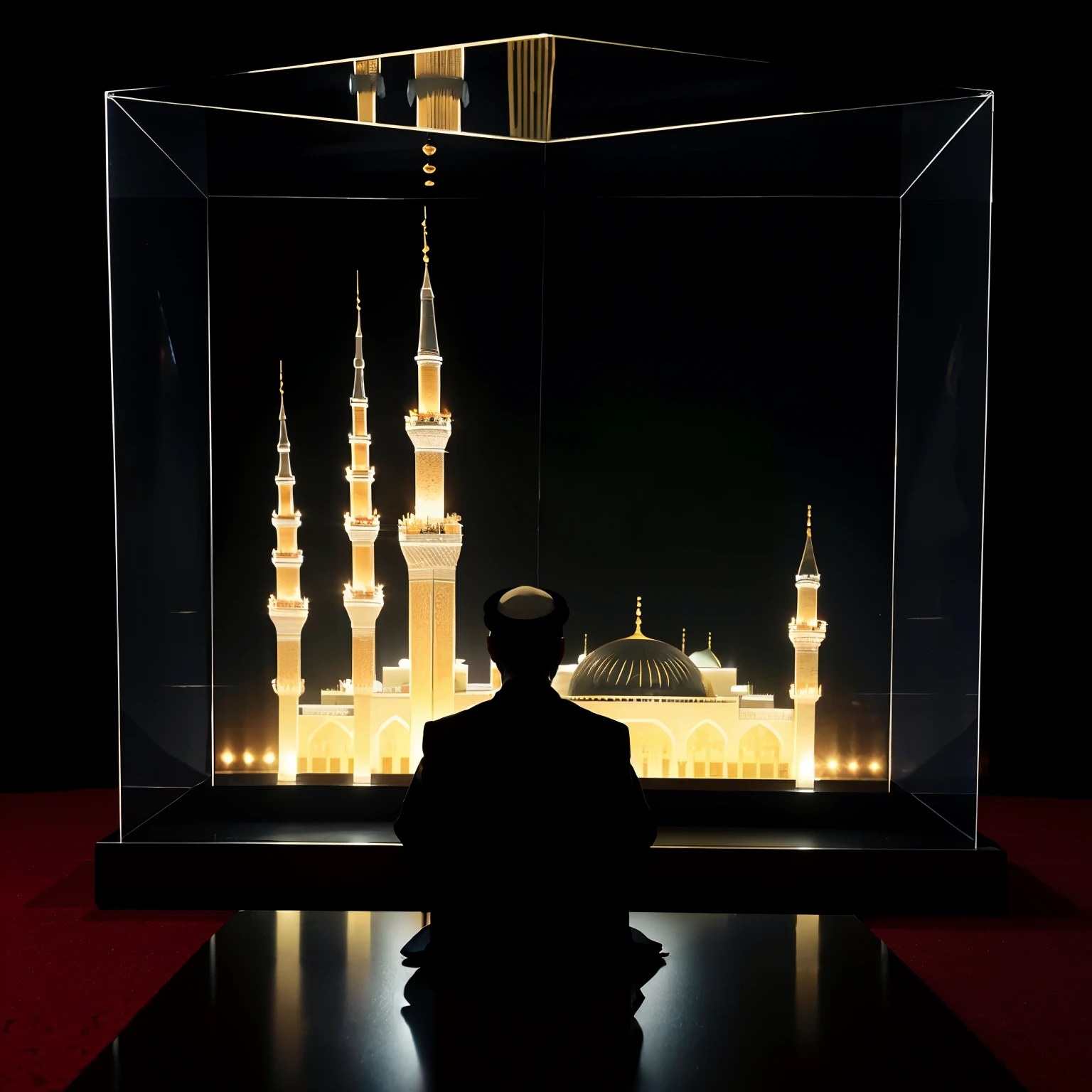 Jun Junaidi sits before an transparent tabletop box, towering figure projected in 3D, an image of a married couple inside the glass box, and the box itself adorned with the glowing silhouettes of the Masjid Haram in Mecca and Madinah, 3D minarets aglow, representing an Arab Saudi wallpaper. The inscription on the dark background reads, "Berto acv".
