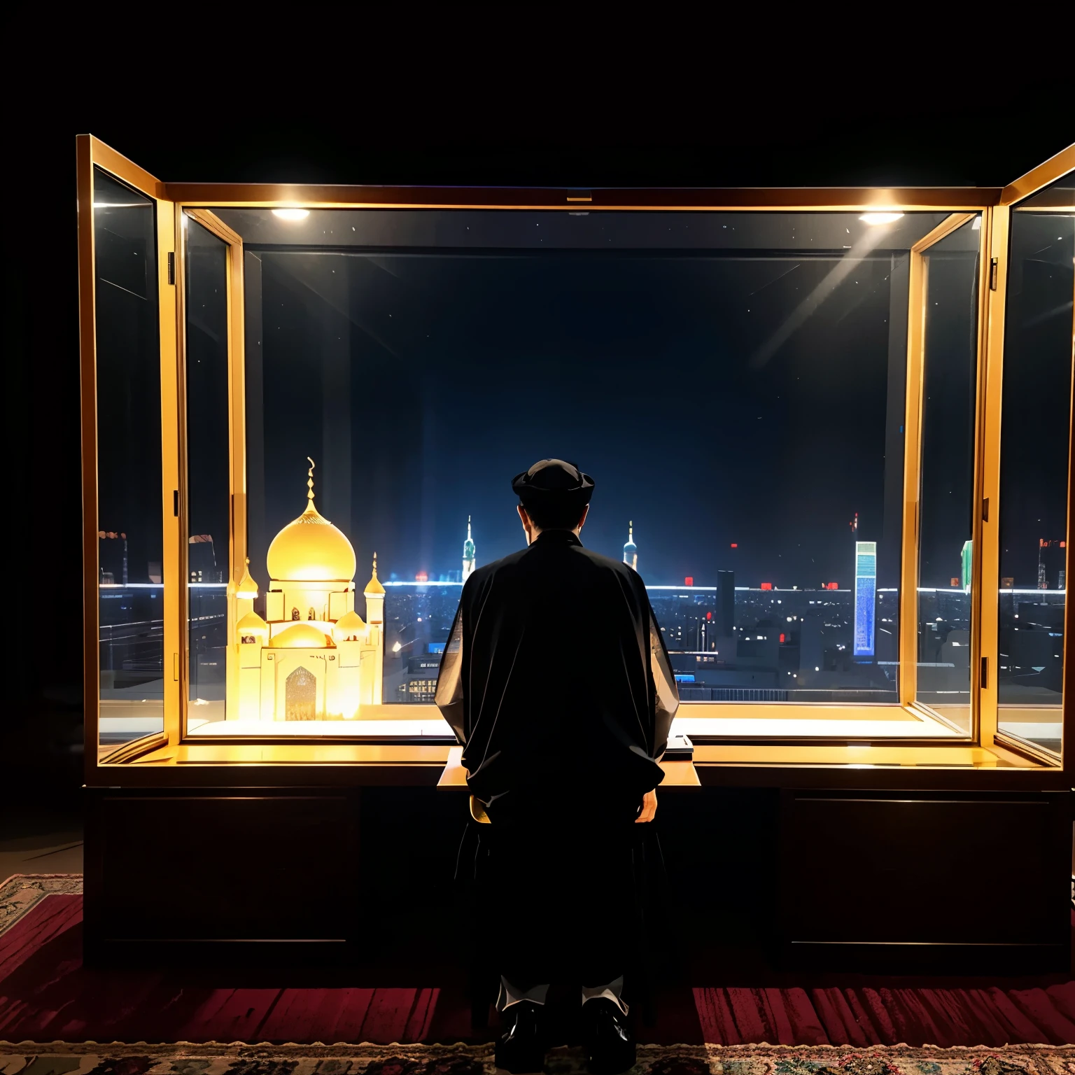 Jun Junaidi sits before an transparent tabletop box, towering figure projected in 3D, an image of a married couple inside the glass box, and the box itself adorned with the glowing silhouettes of the Masjid Haram in Mecca and Madinah, 3D minarets aglow, representing an Arab Saudi wallpaper. The inscription on the dark background reads, "Berto acv".